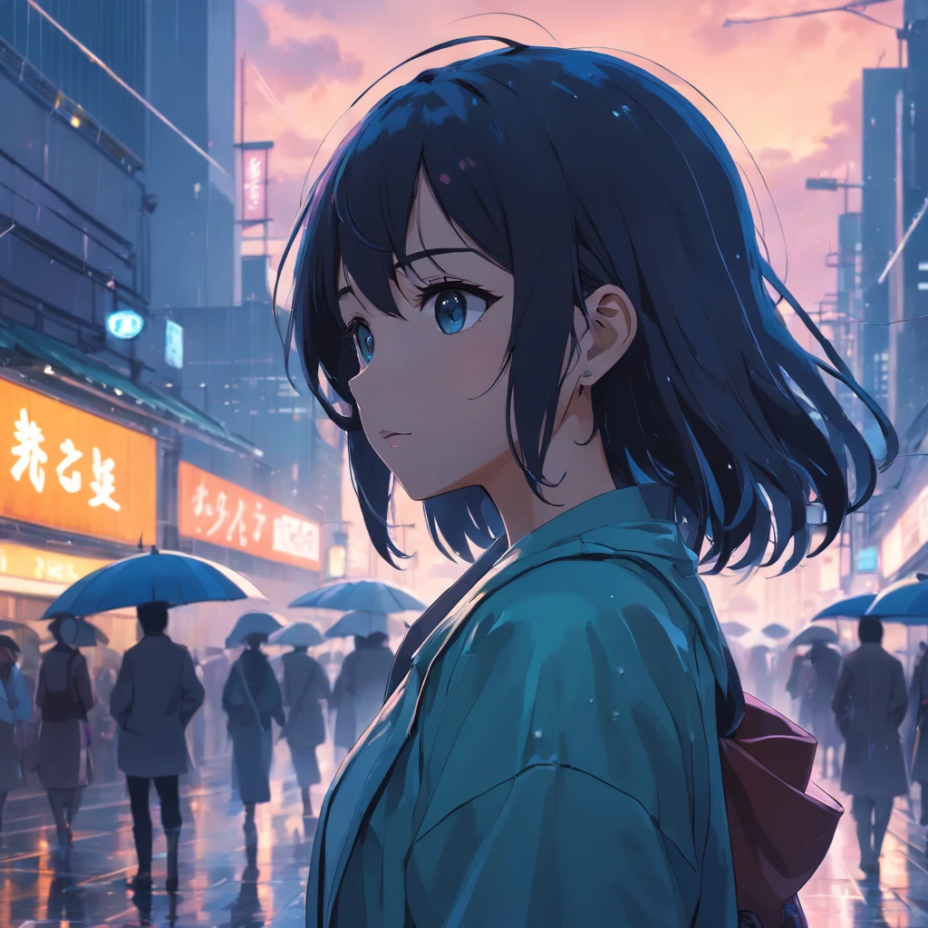 Anime Girl in the Rain, 1male people, wide black hair, 4K Anime Wallpapers, No boys after the rain, Anime Boy Profile, Manga wallpapers 4K, anime wallpaper 4k, 4K Anime Wallpapers, artwork in the style of guweiz, Badass Anime 8K, anime art wallpaper 4k, anime art wallpaper 4k, rainy evening, Anime art wallpaper 8k, Highly detailed background on the rooftop of the city, platforms, CityView, Detal Face, Detailed complex occupancy background, disorderly, splendid, milkyW, highly detailedskin, Realistic details of skin, Pores are visible, Clear focus, Volume Fog, 8K UHD, Digital SLR, hightquality, film grains, With fair skin, photorealisim, nffsw, Futuristic dystopian megalopolis, translucent