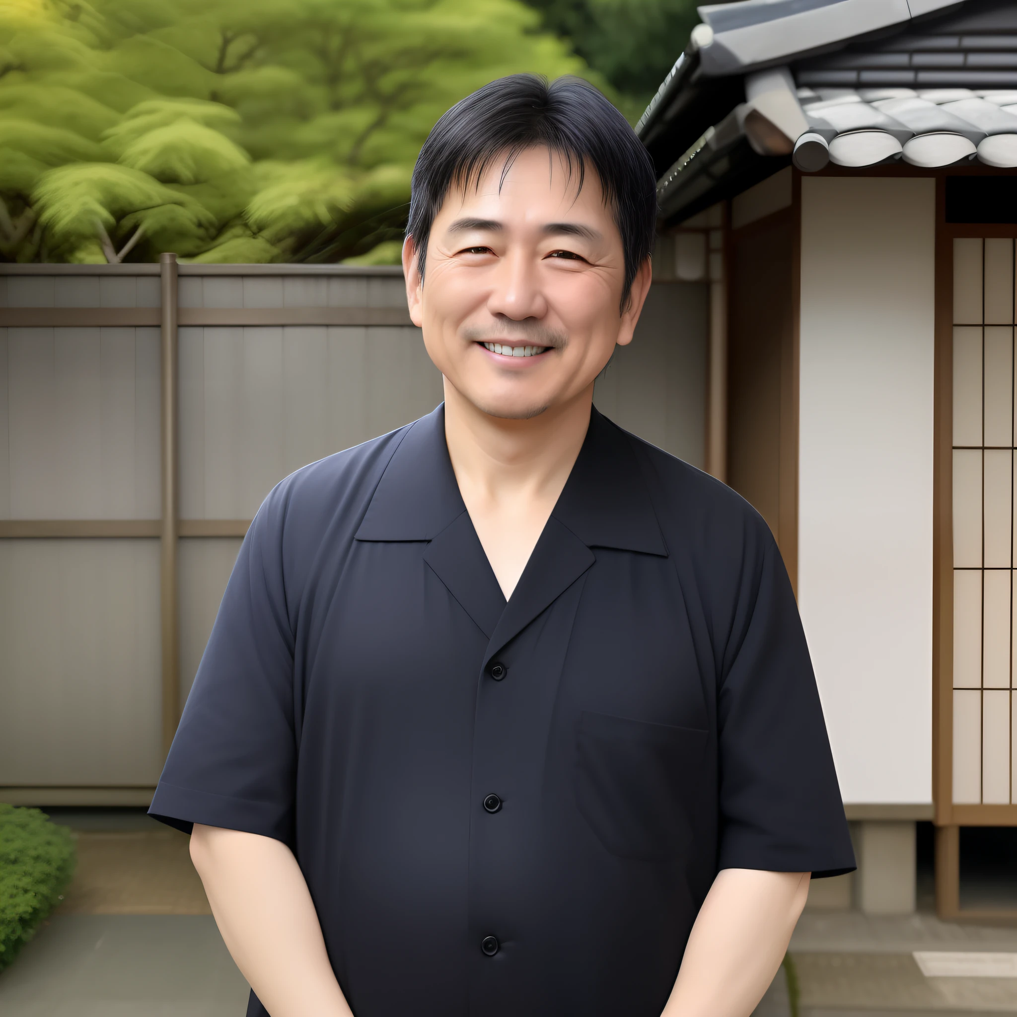 Middle-aged big job,Japan men,Professional ID photo of half body,Residential background,with light glowing,Please wear black work clothes,ssmile、A big smile、With a saw、Piece with one hand、Pretty handsome、40 years、In the job