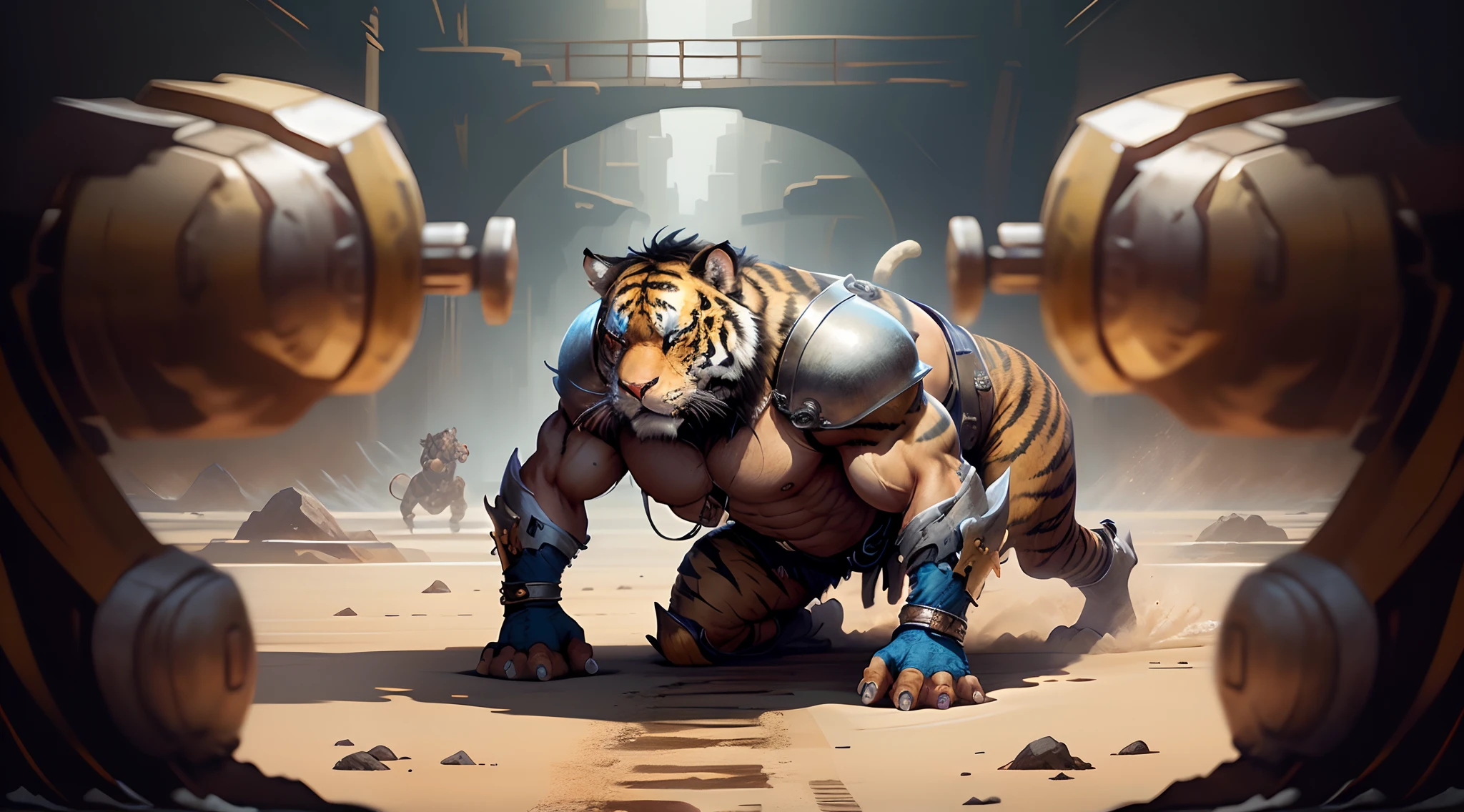 Tiger orcs，Black hair, white stripes，Wear armor，Be physically fit，Full of muscles，Defeat