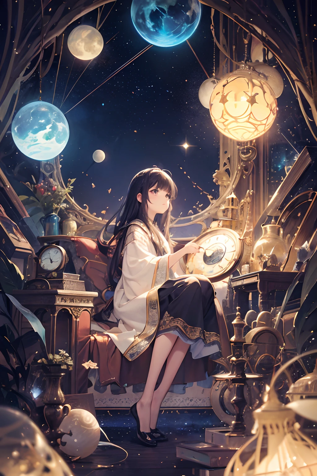 Create an illustration of a fantastical space filled with numerous intricately crafted clocks. Each clock exudes a sense of nostalgia and wonder, contributing to the overall enchanting and nostalgic atmosphere. These clocks are suspended in a cosmic-like void, creating a surreal ambiance. In the midst of this mesmerizing scene, a solitary young girl stands, her presence adding a touch of innocence and curiosity to the space. Her wide-eyed wonder reflects the magical essence of the scene, making the entire illustration appear dreamlike and captivating.