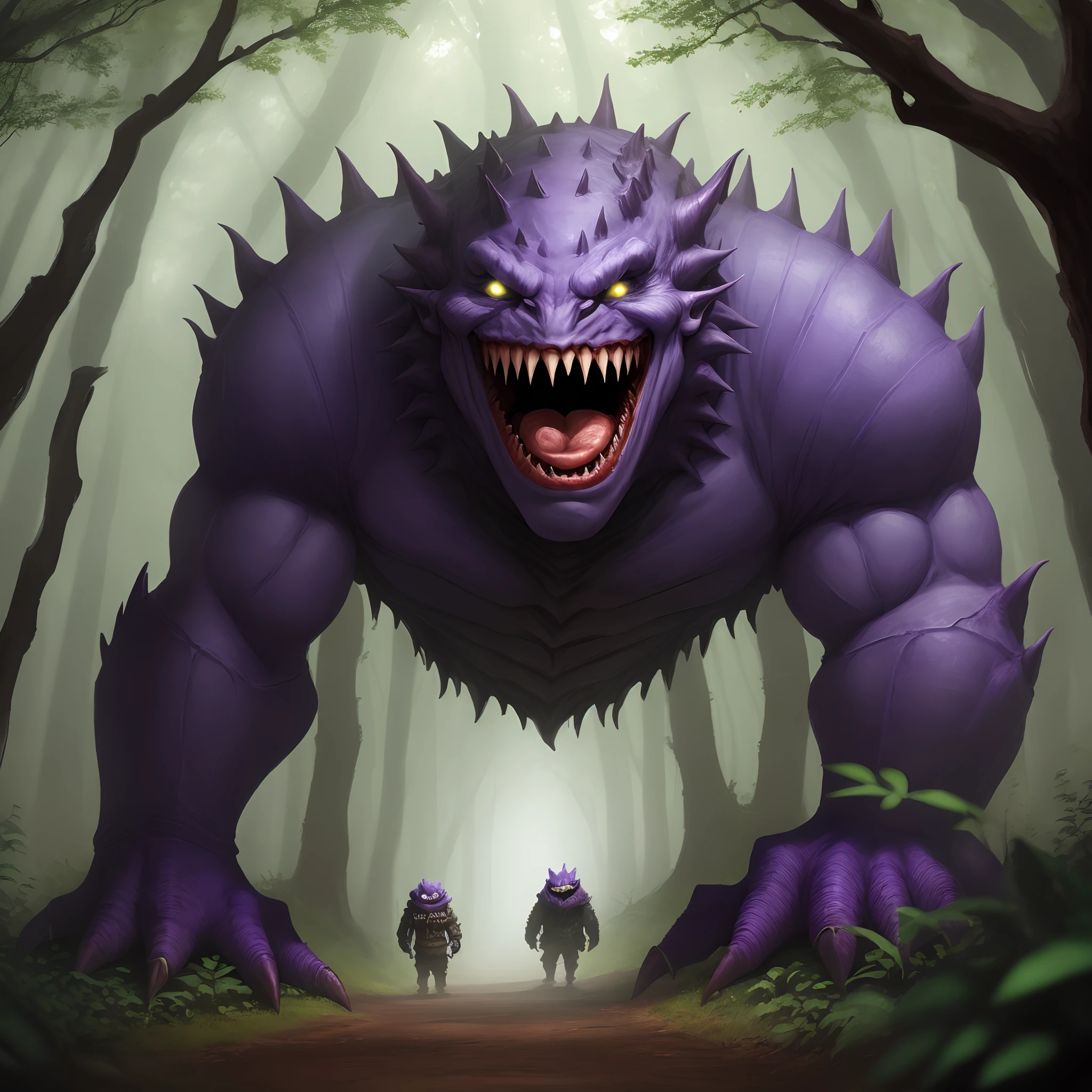 monster character 
purple with big teeth in the forest in the darkness