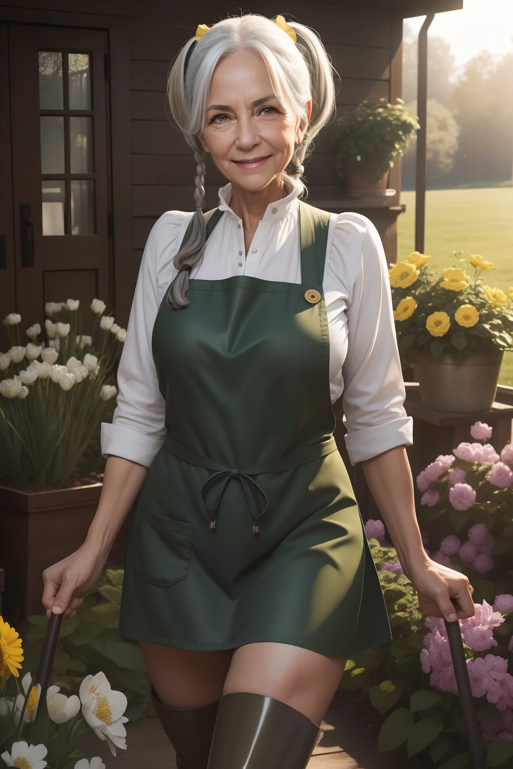 portrait of a 65-year-old woman with gray hair, seductive gaze, brown eyes, some wrinkles on her face, 8k, fingers are separated, dark green rubber boots,detailed background, wrinkles on body, spring garden, light sunshining, outdoor beautiful garden, NSFW, yellow apron with high neckline, showing full body, full body, quite small breasts are exposed, looking at viewer, smiling, teeth indoors,soft lighting, extreme detail, hdr, pigtails in the front