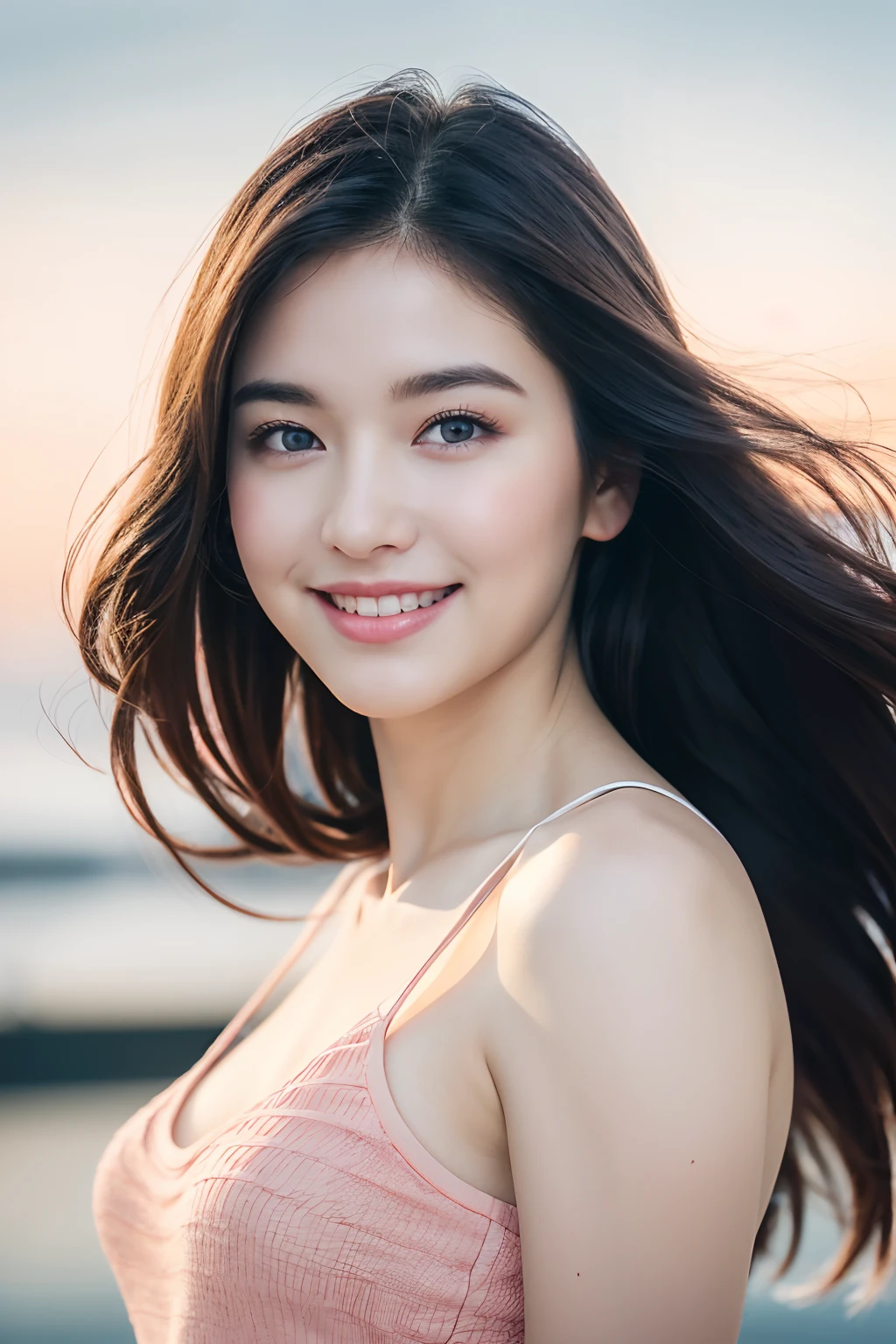 (8k, Best Quality, Masterpiece:1.2), (Realistic, Photorealistic:1.37), Ultra Detail, 1 Girl,Cute,Solo,Beautiful Detailed Sky,Date,(Blush),(Smile:1.15),(Closed Mouth)Small Breasts,Beautiful Detailed Eyes,(Long Hair: 1.2),Floating Hair NovaFrogStyle, Upper Body, Tank Top