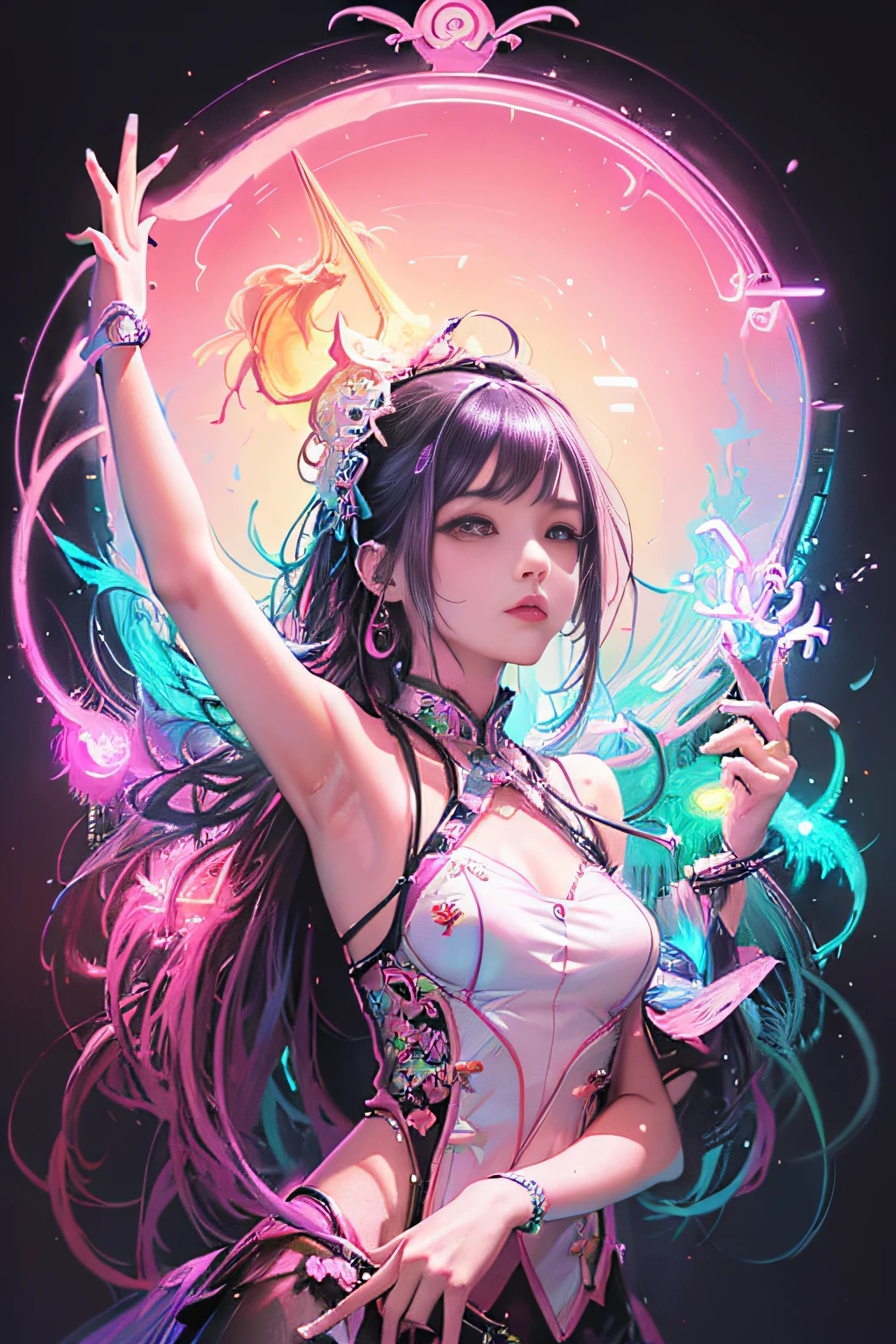 (masutepiece, of the highest quality, Best Quality, offcial art, Beautiful and aesthetic:1.2), (1girll:1.3), Extremely detailed,(Fractal Art:1.2),Colorful,highest details,( Zen Neon:1.2), (Dynamic Pose), (Abstract background neon lights:1.5), (Trident Dresses:1.2), (Shiny skin), (Many colors:1.4), Upper body ,Neon light,16 K,Full-HD