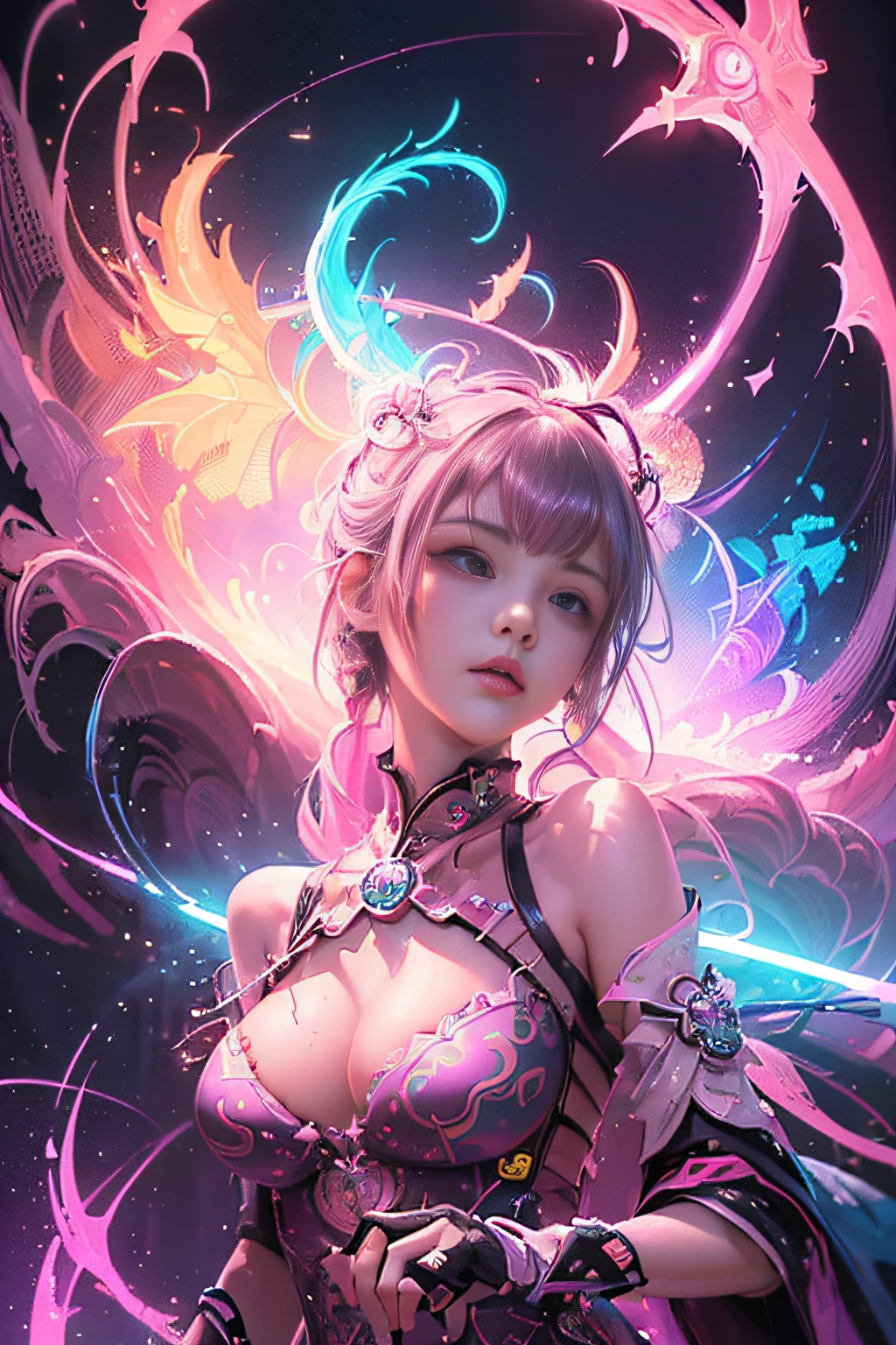 (masutepiece, of the highest quality, Best Quality, offcial art, Beautiful and aesthetic:1.2), (1girll:1.3), Extremely detailed,(Fractal Art:1.2),Colorful,highest details,( Zen Neon:1.2), (Dynamic Pose), (Abstract background neon lights:1.5), (Trident Dresses:1.2), (Shiny skin), (Many colors:1.4), Upper body ,Neon light,16 K,Full-HD