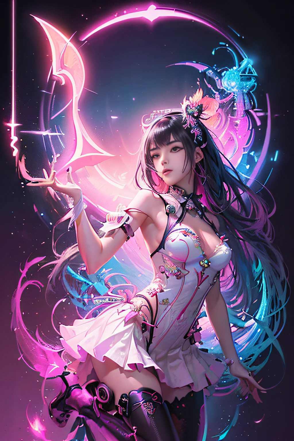 (masutepiece, of the highest quality, Best Quality, offcial art, Beautiful and aesthetic:1.2), (1girll:1.3), Extremely detailed,(Fractal Art:1.2),Colorful,highest details,( Zen Neon:1.2), (Dynamic Pose), (Abstract background neon lights:1.5), (Trident Dresses:1.2), (Shiny skin), (Many colors:1.4), Upper body ,Neon light,16 K,Full-HD