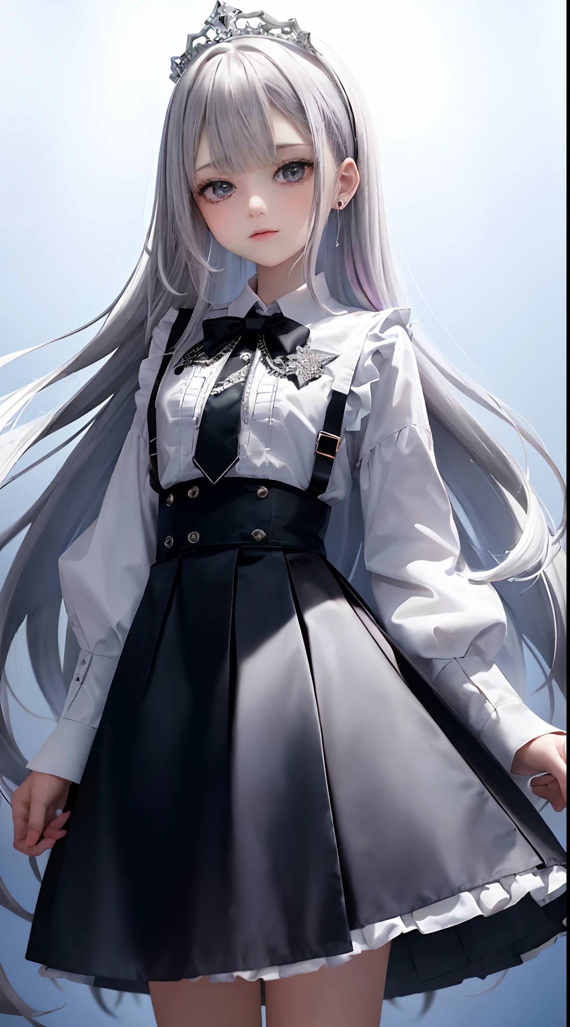 1girll, (Masterpiece:1.1), (Best quality:1.1), (White blouse:1.1), (checkered skirt:1.1), school uniform, high waisted skirt, Break [Blue:Pink:0.5] Theme, (Gradient background:1.1), Cowboy shot, Break Silver Hair, Long hair, , Green eyes, intricate detailed tiara, Looks to the side,