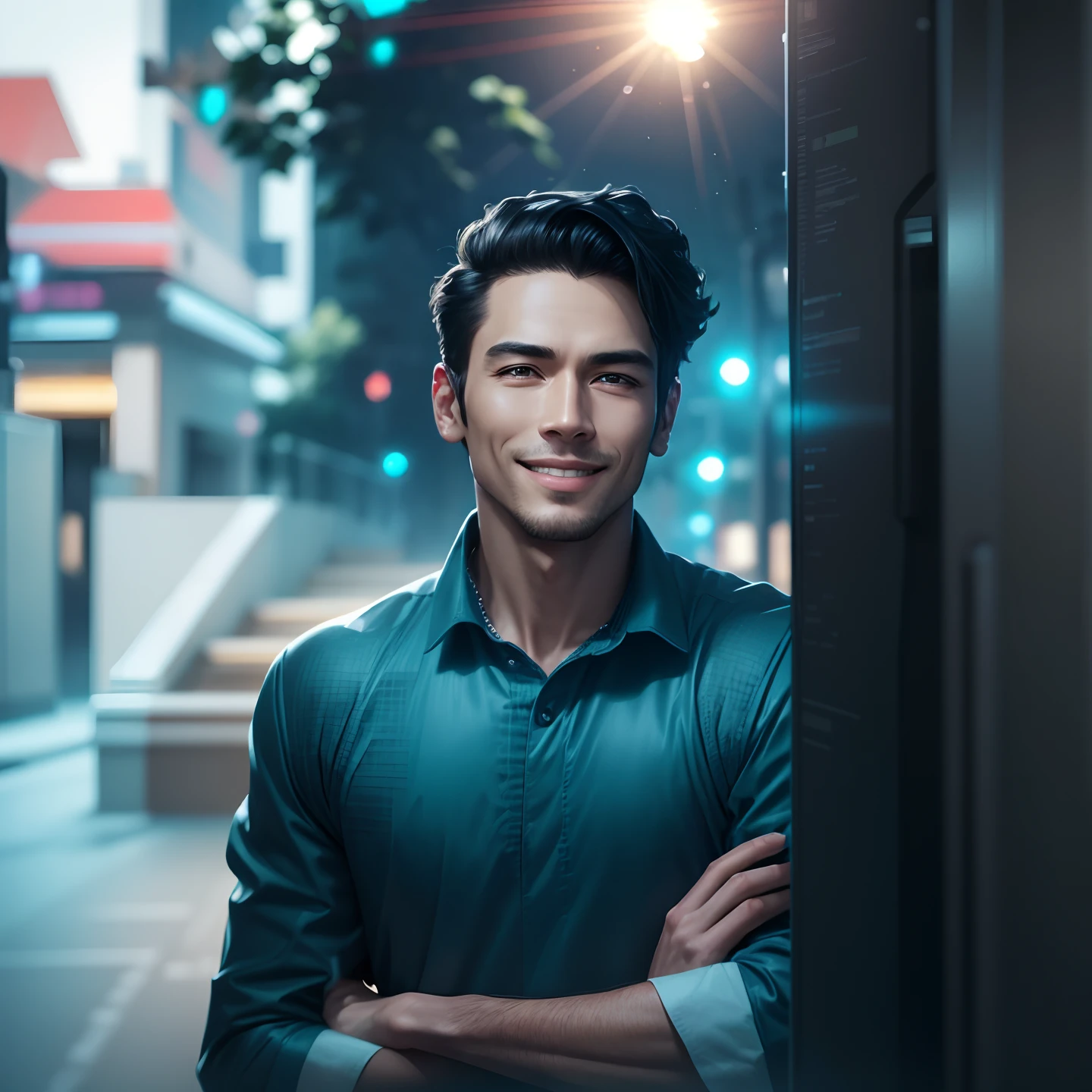 Change background, cyber park, look handsome, 8k, ultra realistic, realistic, smile