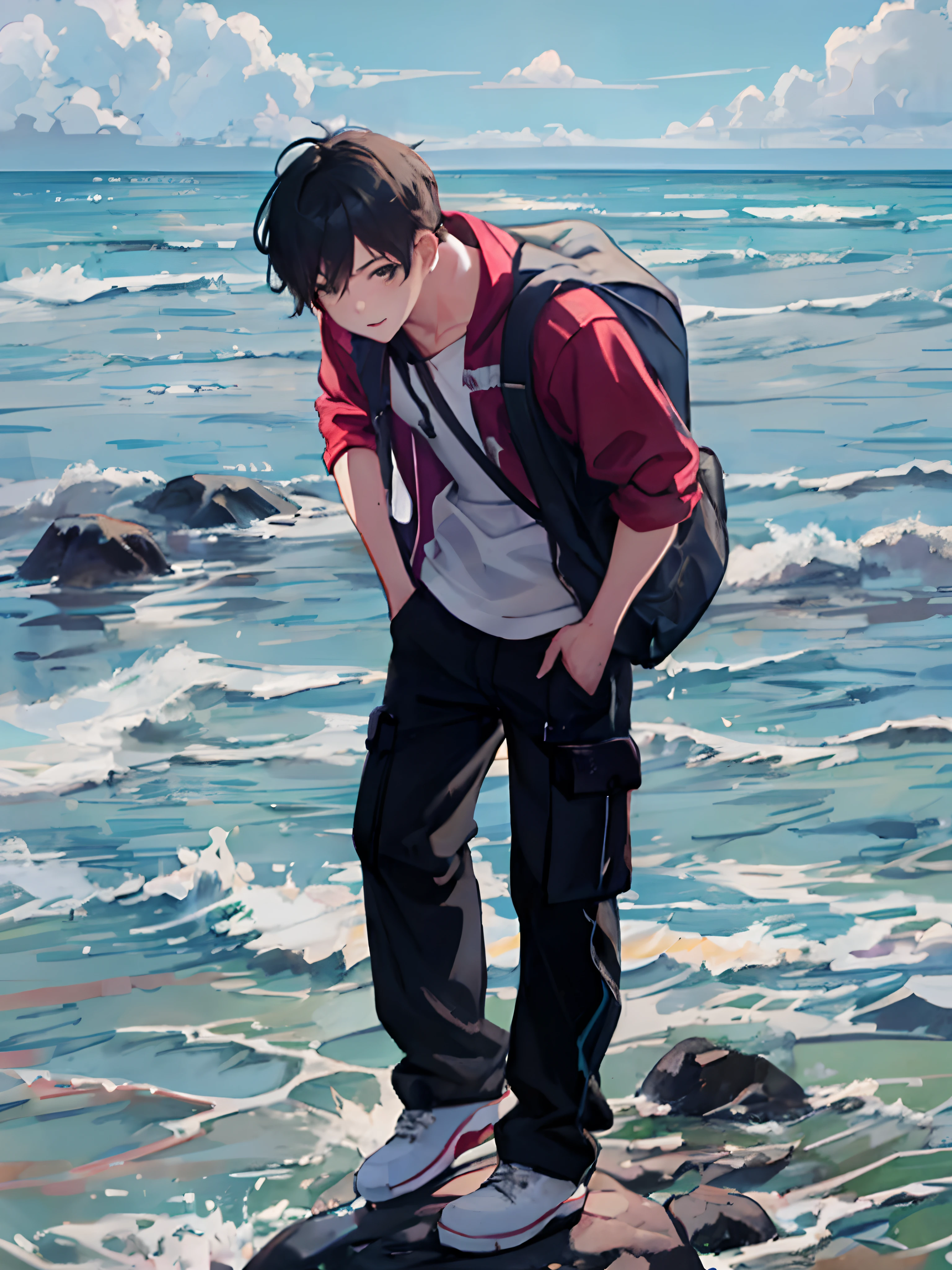 painting of a boy standing on a rock in front of the ocean, artwork in the style of guweiz, at the sea, tsunami behind him, anime artstyle, standing beside the ocean, high quality anime artstyle, standing at the beach, digital anime illustration, handsome anime pose, 4k anime wallpaper, makoto shinkai cyril rolando