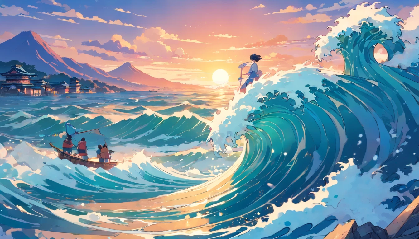 Repeat up, 、hokusai style, style of hokusai, ukiyoe painting,Mosaic is strong、Pixel art、Artistically、The Great Wave of Kamikawa