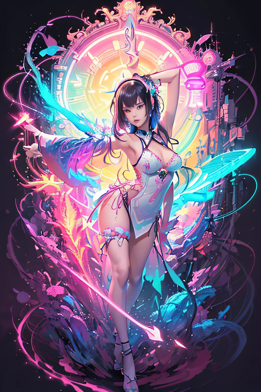 (masutepiece, of the highest quality, Best Quality, offcial art, Beautiful and aesthetic:1.2), (1girll:1.3), Extremely detailed,(Fractal Art:1.2),Colorful,highest details,( Zen Neon:1.2), (Dynamic Pose), (Abstract background neon lights:1.5), (Trident Dresses:1.2), (Shiny skin), (Many colors:1.4), Upper body ,Neon light,16 K,Full-HD
