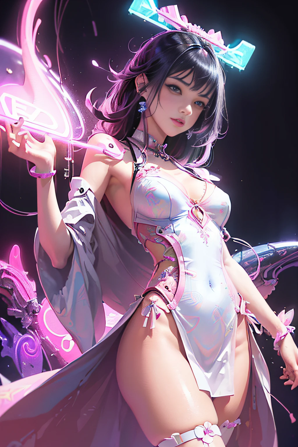 (masutepiece, of the highest quality, Best Quality, offcial art, Beautiful and aesthetic:1.2), (1girll:1.3), Extremely detailed,(Fractal Art:1.2),Colorful,highest details,( Zen Neon:1.2), (Dynamic Pose), (Abstract background neon lights:1.5), (Trident Dresses:1.2), (Shiny skin), (Many colors:1.4), Upper body ,Neon light,16 K,Full-HD