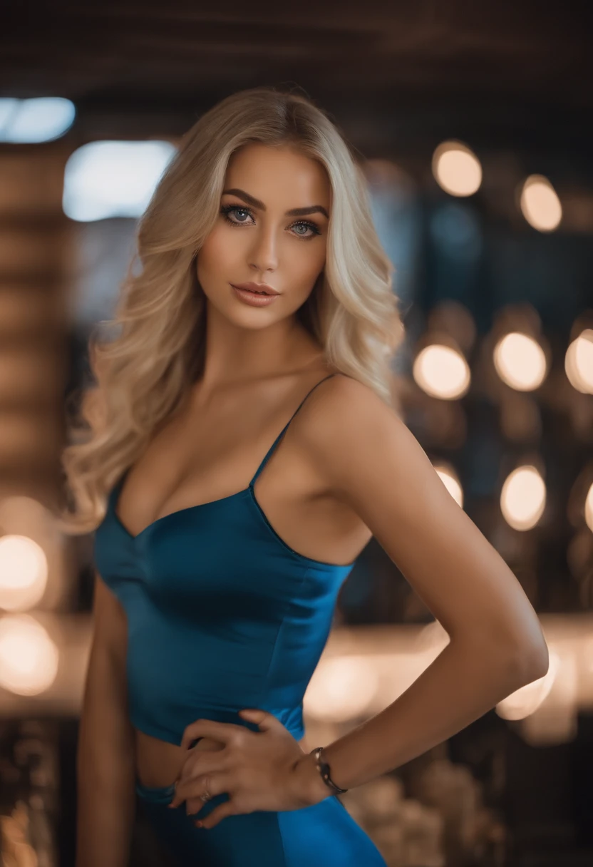 Blonde woman posing in nightclub with matching tank top and skirt, Sexy girl with blue eyes, portrait sophie mudd, blur backgroun, Best quality, 1girll, Portrait of Corinna Kopf, blonde hair and large eyes, selfie of a young woman, Orn makeup, natural makeup, Look directly into the camera, face with artgram, Decentus makeup, Great full body photo, Being in the room, Large of breast, Blonde, latina