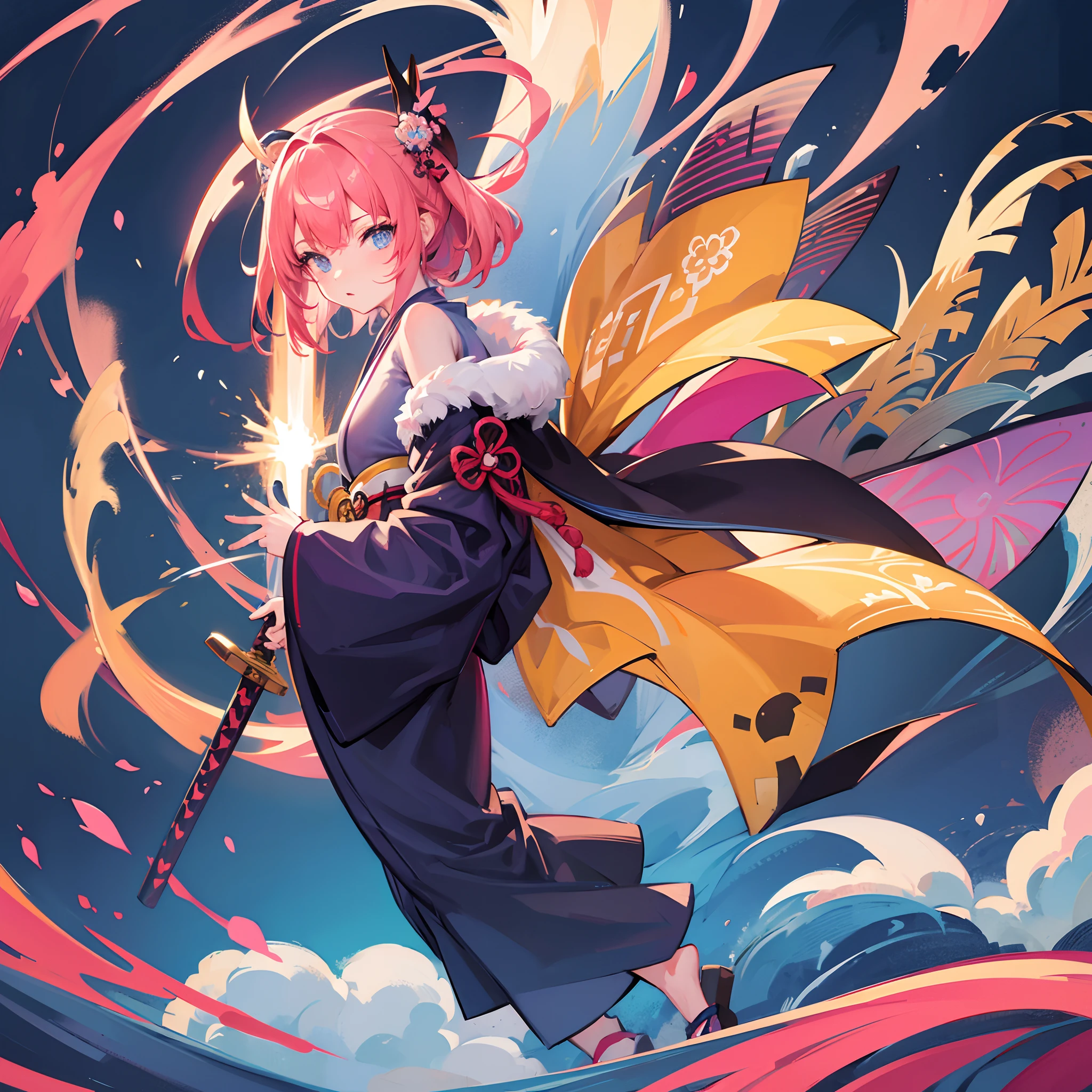 colourfull、Kimono、Fighting Girl Solo、Japanese Sword、cute little、sexypose、masuter piece、A detailed、night mode、Active、presence、