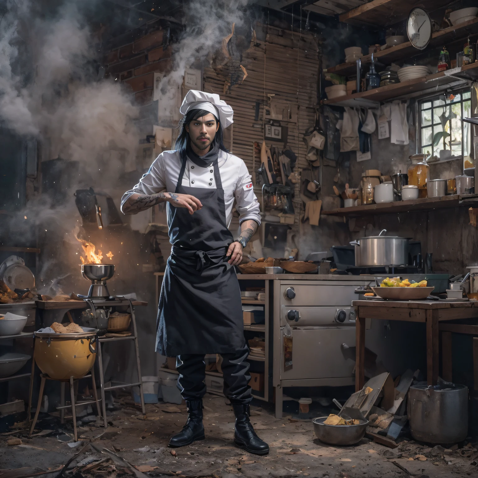 Full body male chef 32K（tmasterpiece，k hd，hyper HD，32K）Long flowing black hair，Camping ruins area，zydink， a color， patriot （废墟）， （Linen batik scarf）， Angry fighting stance， looking at the ground， Linen bandana， Chinese python pattern long-sleeved garment， （Abstract gouache splash：1.2）， Dark clouds lightning background，Flour flies（realisticlying：1.4），Black color hair，Flour fluttering，Background fog， A high resolution， the detail， RAW photogr， Sharp Re， Nikon D850 Film Stock Photo by Jefferies Lee 4 Kodak Portra 400 Camera F1.6 shots, Rich colors, ultra-realistic vivid textures, Dramatic lighting, Unreal Engine Art Station Trend, cinestir 800，Flowing black hair,（（（Male chef））），irate，