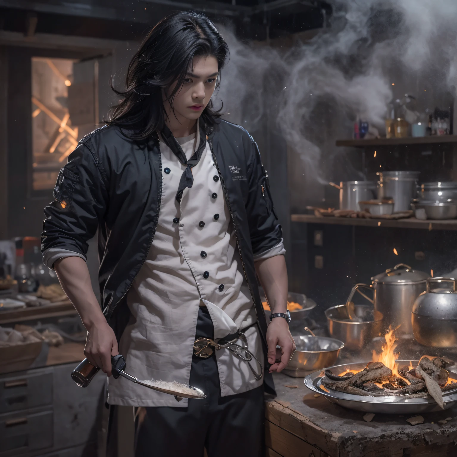 Full body male chef 32K（tmasterpiece，k hd，hyper HD，32K）Long flowing black hair，Camping ruins area，zydink， a color， patriot （废墟）， （Linen batik scarf）， Angry fighting stance， looking at the ground， Linen bandana， Chinese python pattern long-sleeved garment， （Abstract gouache splash：1.2）， Dark clouds lightning background，Flour flies（realisticlying：1.4），Black color hair，Flour fluttering，Background fog， A high resolution， the detail， RAW photogr， Sharp Re， Nikon D850 Film Stock Photo by Jefferies Lee 4 Kodak Portra 400 Camera F1.6 shots, Rich colors, ultra-realistic vivid textures, Dramatic lighting, Unreal Engine Art Station Trend, cinestir 800，Flowing black hair,（（（Male chef））），irate，