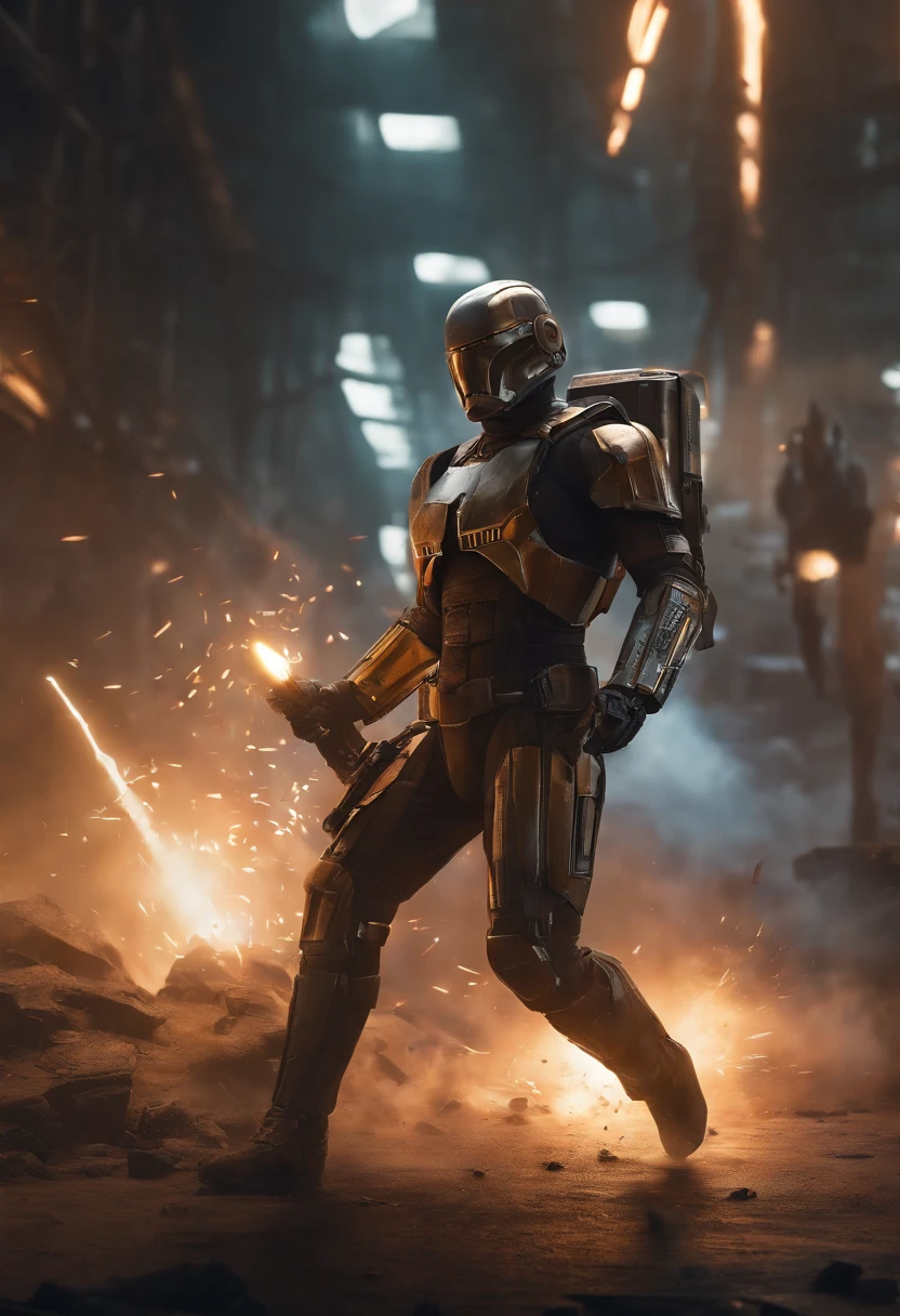 OC character fighting a droid with a lightsaber,comic,action-packed scenes,expressive facial expressions,detailed character design,vibrant colors,stylized artwork,high contrast lighting,(best quality:1.2),ultra-detailed,realistic,futuristic city backdrop,explosions and energy effects,fluid motion lines and dynamic poses,intense battle atmosphere,laser blasts and sparks,sci-fi weapons and technology,unique character costume design,fast-paced combat choreography,highly detailed droid design,background crowd cheering and watching,shadow and highlights,emphasize movement and impact,split-second action moments,overall cinematic feel,epic confrontation,moody atmosphere,wide panoramic angles,translucent energy shields,laser beams and reflections,metallic and mechanical textures,fire and smoke effects,energy beams and trails,exciting panel layouts,showcase character's power and agility,strong composition,motion blur,emphasis on protagonist's determination and willpower,explosive visual narration,splash pages and double-page spreads,sharp and precise line work,dynamic camera angles,forceful typography and lettering