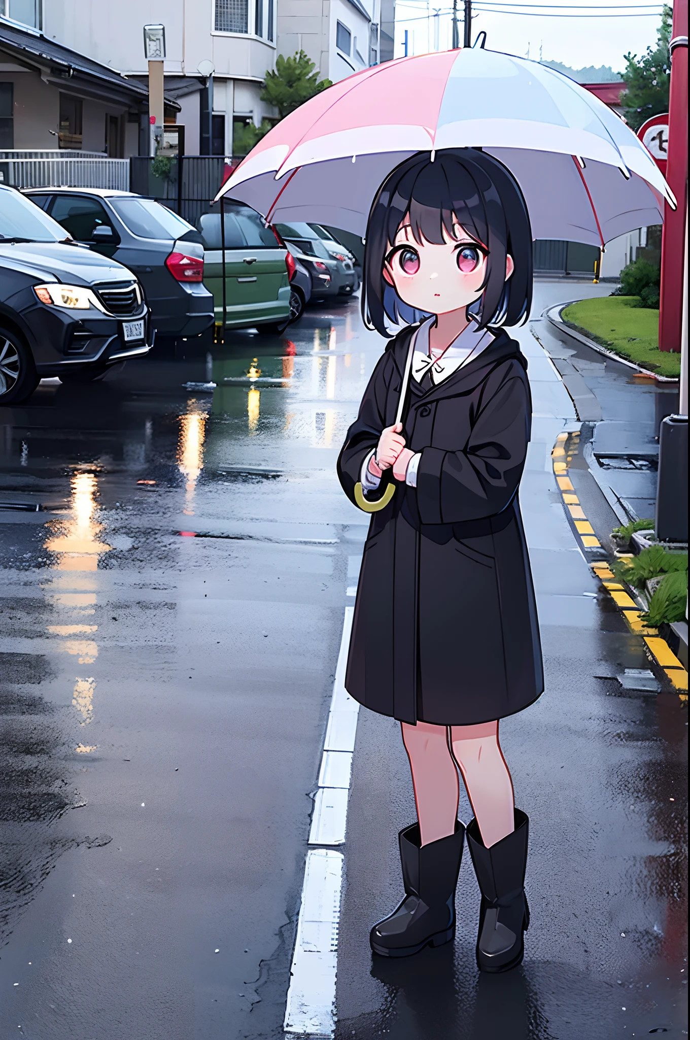 Photo of a little girl with an umbrella on a rainy day、Umbrellas are great、long boots、The road surface is wet