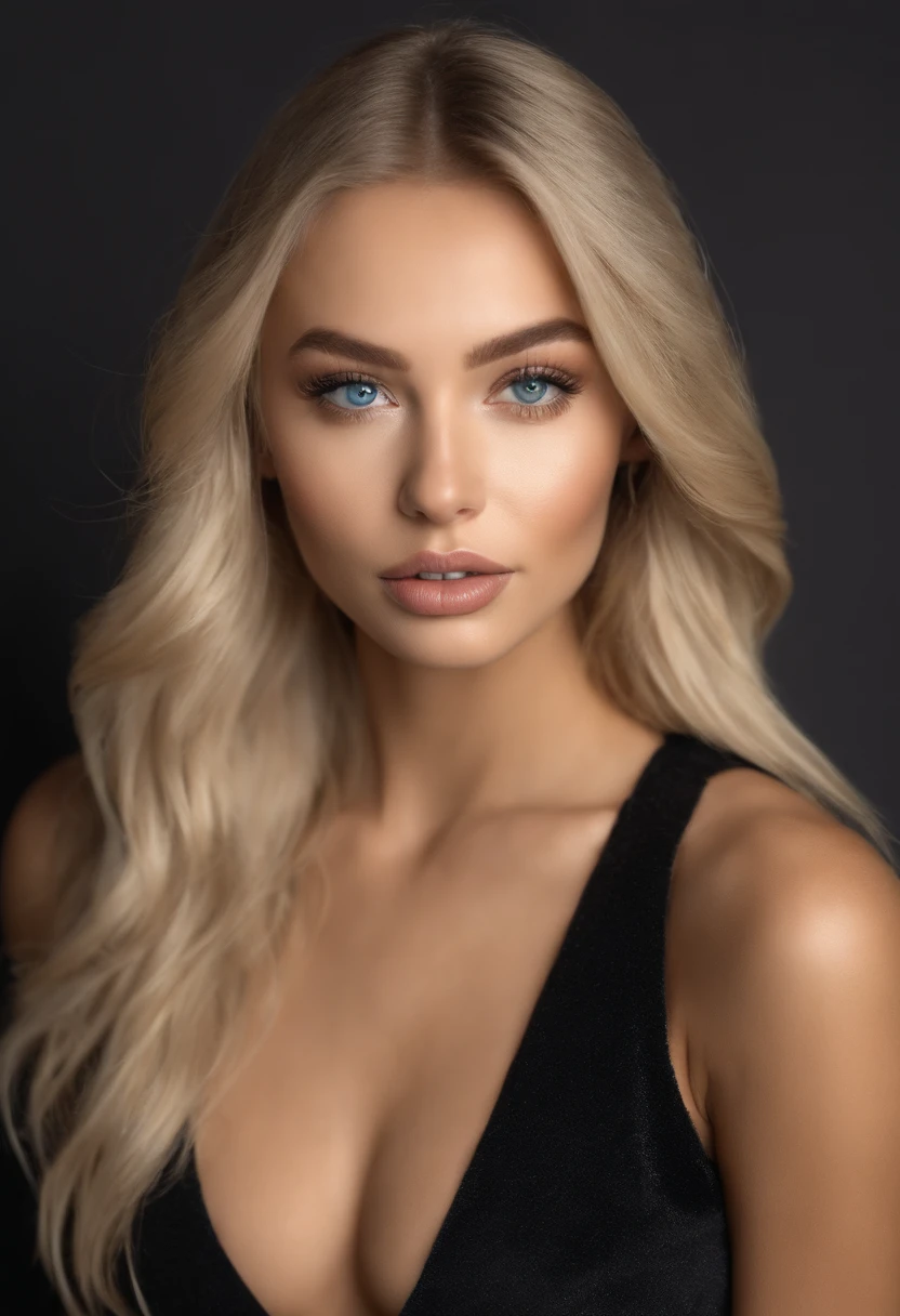 Blonde woman poses with matching vest and skirt, Sexy blue-eyed girl, portrait sophie mudd, blur backgroun, Best quality, 1girll, Portrait of Corinna Kopf, blonde hair and large eyes, selfie of a young woman, Aoun makeup, Natural makeup, Look directly into the camera, face with artgram, Decent makeup, Great full body photo, Being in the room, Large of breast, Blonde, latina