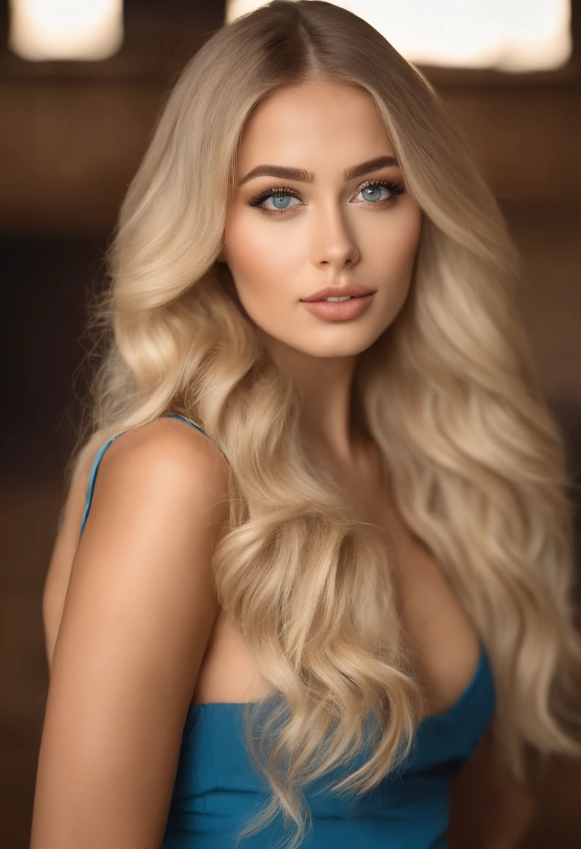 Blonde woman poses with matching vest and skirt, Sexy blue-eyed girl, portrait sophie mudd, blur backgroun, Best quality, 1girll, Portrait of Corinna Kopf, blonde hair and large eyes, selfie of a young woman, Aoun makeup, Natural makeup, Look directly into the camera, face with artgram, Decent makeup, Great full body photo, Being in the room, Large of breast, Blonde, latina