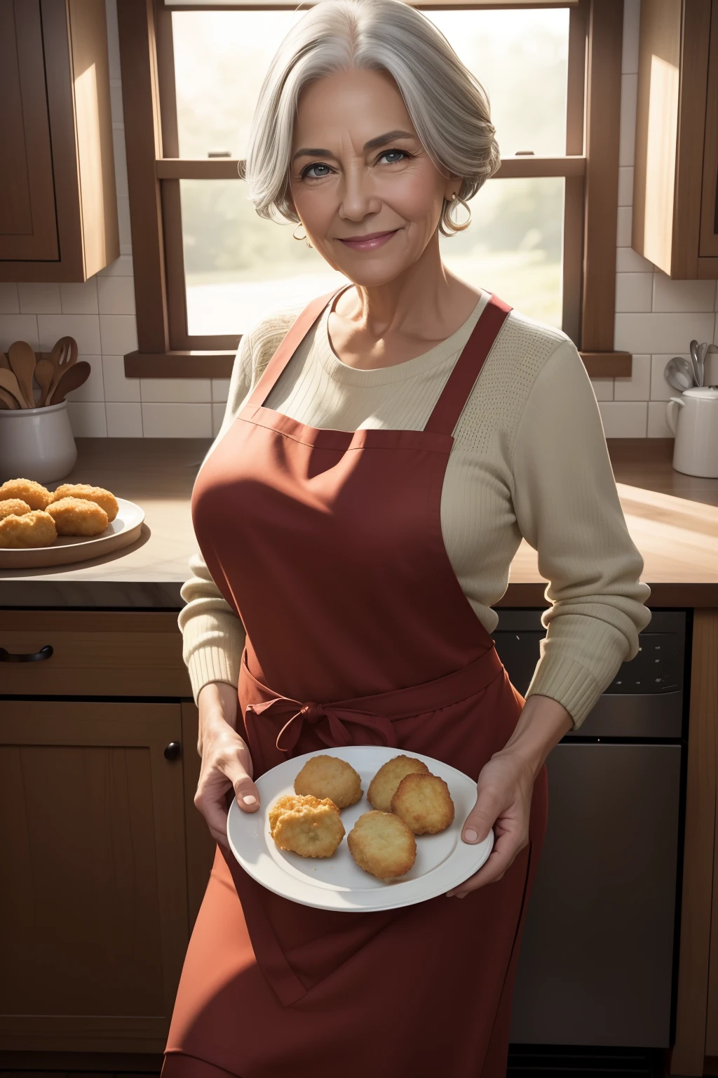 portrait of a 65-year-old woman with gray hair, seductive gaze, brown eyes, some wrinkles on her face,  8k, detailed background, wrinkles on body, showing full body, full body, quite small breasts are exposed, 5-volt,wearing red sweater, yellow apron, green pants, red flats, looking at viewer, smiling, teeth indoors,kitchen, holding a plate of food, chicken nuggets,soft lighting, extreme detail, hdr
