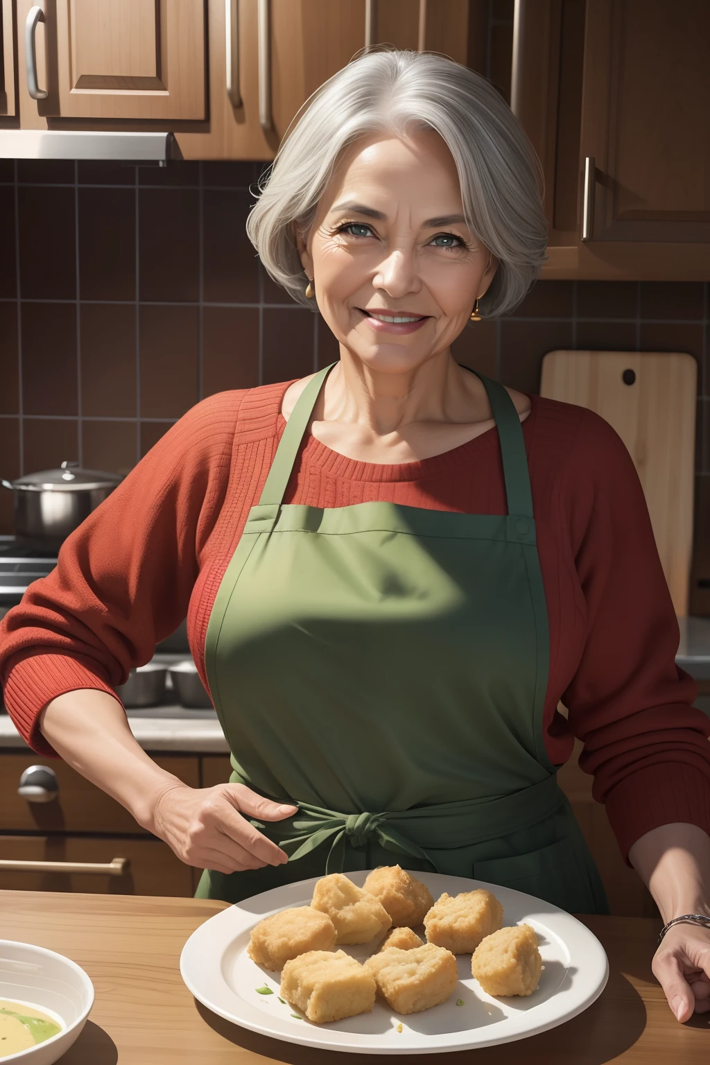 portrait of a 65-year-old woman with gray hair, seductive gaze, brown eyes, some wrinkles on her face,  8k, detailed background, wrinkles on body, showing full body, full body, quite small breasts are exposed, 5-volt,wearing red sweater, yellow apron, green pants, red flats, looking at viewer, smiling, teeth indoors,kitchen, holding a plate of food, chicken nuggets,soft lighting, extreme detail, hdr