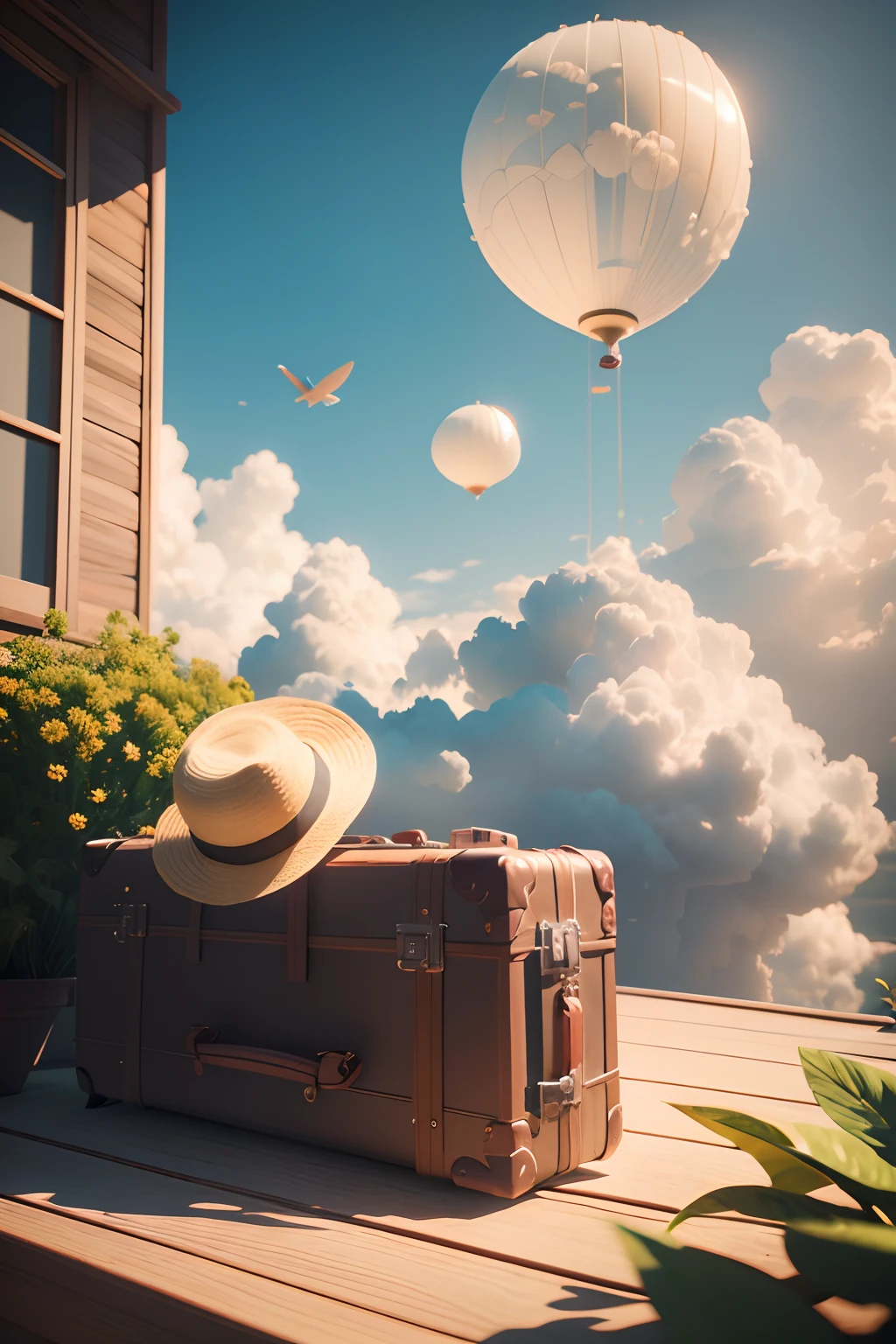 There is a suitcase with a straw hat, Clouds, Atmosphere, Leaves, Chrysanthemums floating in the air, paper airplane, (miniture: 1.2), 2.5d illustration, 3D Rendering, 3D Modeling, Bubble Mat, Behans 3D Art Trends, Behans 3D Art Trends, 3d illustration, 3d illustration, 3d illustration, commercial illustration, Cinema 4D Color Rendering, 3D rendering stylization, stylized digital illustration, 3d stylized scene, Stylized 3D rendering