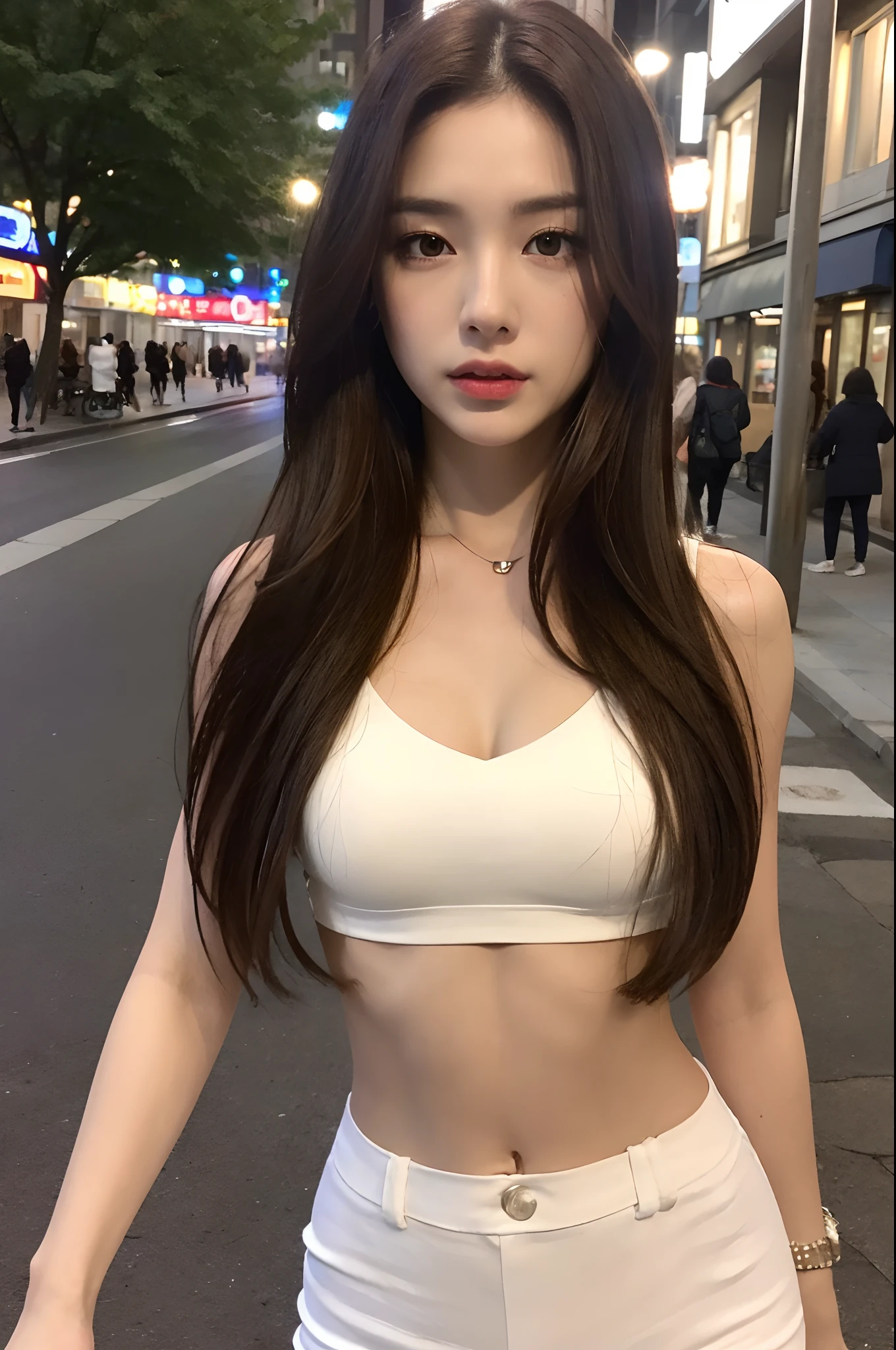 ((Realistic lighting, Best quality, 8K, Masterpiece: 1.3)), Clear focus: 1.2, 1girl, Perfect Figure: 1.4, Slim Abs: 1.1, ((Dark brown hair)), (White crop top: 1.4), (Outdoor, Night: 1.1), City streets, Super fine face, Fine eyes, Double eyelids,