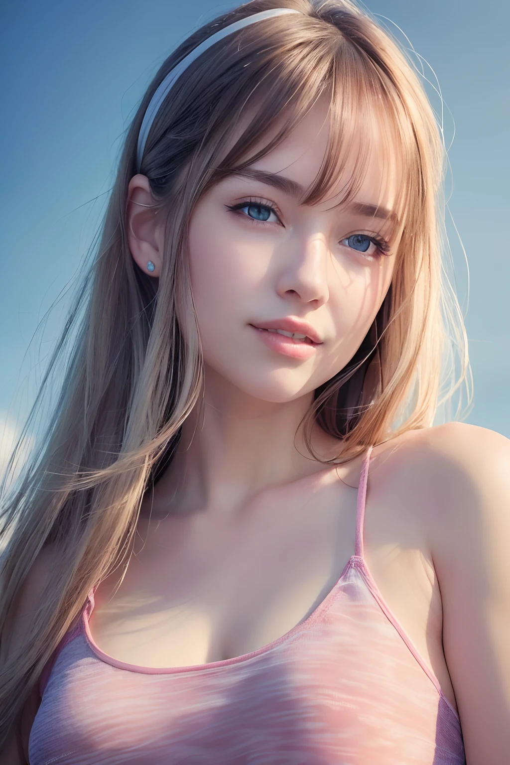 (8k, Best Quality, Masterpiece:1.2), (Realistic, Photorealistic:1.37), Ultra Detail, 1 Girl,Cute,Solo,Beautiful Detailed Sky,Date,(Blush),(Smile:1.15),(Closed Mouth)Small Breasts,Beautiful Detailed Eyes,(Long Hair: 1.2),Floating Hair NovaFrogStyle, Upper Body, Tank Top