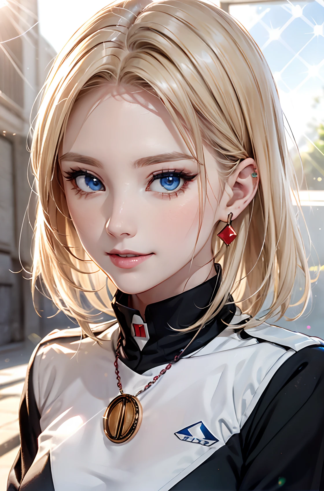 absurderes, ultra-detailliert,bright colour, in 8K,masuter piece,extremely beautiful detailed face and eyes, 25 years old,(Smooth straight blonde hair:1.3), (Shiny hair:1.2), Delicate beautiful face, (Deep Blue Eyes:1.3),(Jet black uniform:1.3)、(Lens Flare:1.4)、(Smirk:1.2),Forehead, Shiny hair, Delicate beautiful face, horor,a red skirt,Midnight Ruins、red necklace、red earrings、Dark scenery、Long black boots、