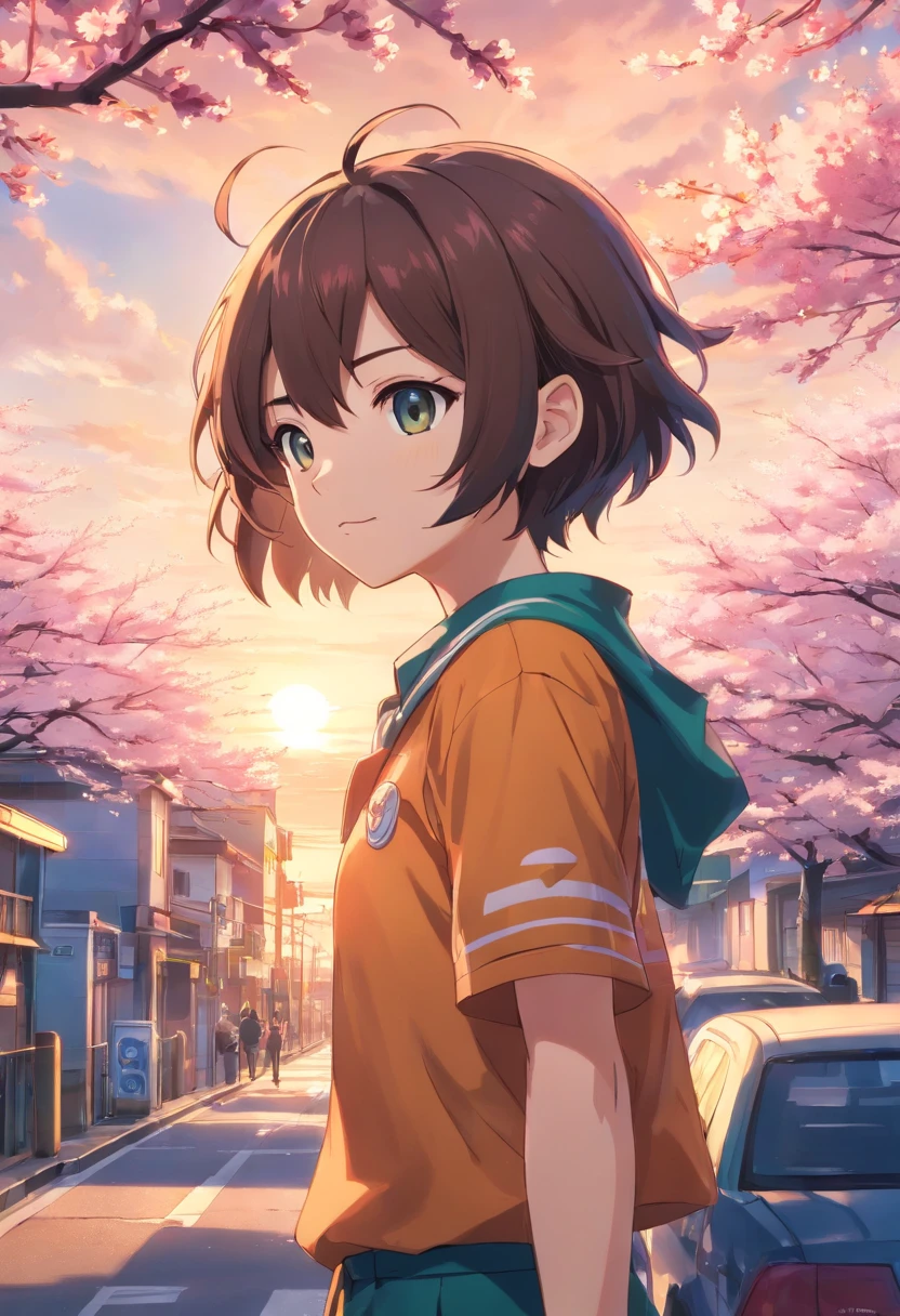 Erstellen Sie ein Filmplakat, das von Kohei Horikoshi inspiriert ist "My Hero Academia" Stil, Deku Smash in seiner Heldenuniform, looking into the sunset over Cherry Blossom City, mit dem Gesicht zur Kamera