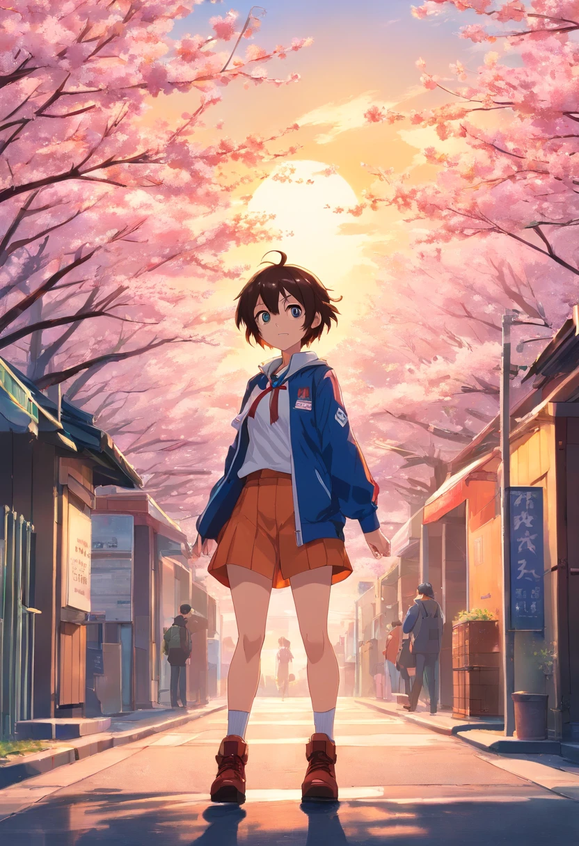 Erstellen Sie ein Filmplakat, das von Kohei Horikoshi inspiriert ist "My Hero Academia" Stil, Deku Smash in seiner Heldenuniform, looking into the sunset over Cherry Blossom City, mit dem Gesicht zur Kamera