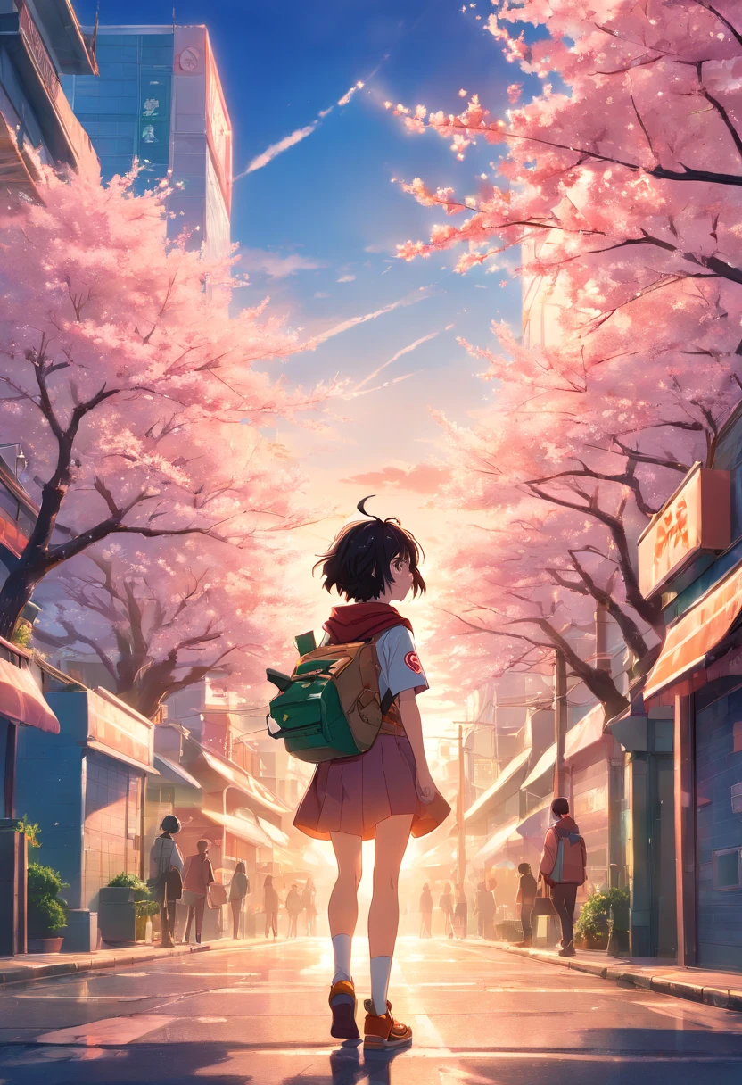 Erstellen Sie ein Filmplakat, das von Kohei Horikoshi inspiriert ist "My Hero Academia" Stil, Deku Smash in seiner Heldenuniform, looking into the sunset over Cherry Blossom City, mit dem Gesicht zur Kamera