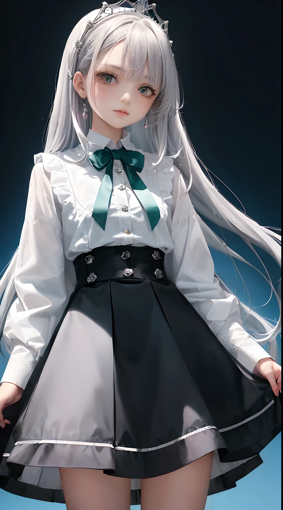 1girll, (Masterpiece:1.1), (Best quality:1.1), (White blouse:1.1), (checkered skirt:1.1), school uniform, high waisted skirt, Break [Blue:Pink:0.5] Theme, (Gradient background:1.1), Cowboy shot, Break Silver Hair, Long hair, , Green eyes, intricate detailed tiara, Looks to the side,