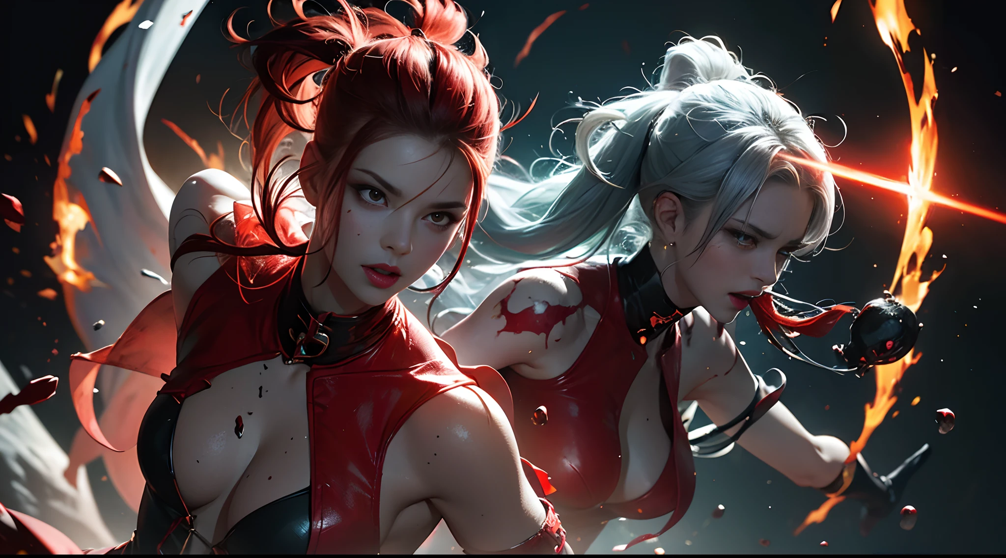 (Best Quality,4K,High resolution), Dark Hero,Superhumanization、(Best Quality,4K,High resolution),transform,An abnormal,sharp eye,Red glowing eyes, expression enhancement,,Changing the Appearance of a Transform,Destroy the ground with your fists,POWERGIRL、Spread your fists、buttleroduce delicate and realistic skin texture in detail,Realistically reproduced muscles、Texture、Realistic portrayal,Vibrant colors,expresive,Classic background(Best Quality,4K,High resolution), Comical appearance,(Best Quality,4K,High resolution), 18yo woman, Red highlights on black hair, Long hair, Straight hair, Cool Woman,Superhumanization,Cold eyes ,sharp eye,Red and black decoration with intricate decoration、ripped clothing,comic strip,animesque,Comical illustration,busy,Deformed cute illustration,Full body projection,Doomsday World,Fighting,Dark worldview,Delicately reproduced dynamism、Combat stance
