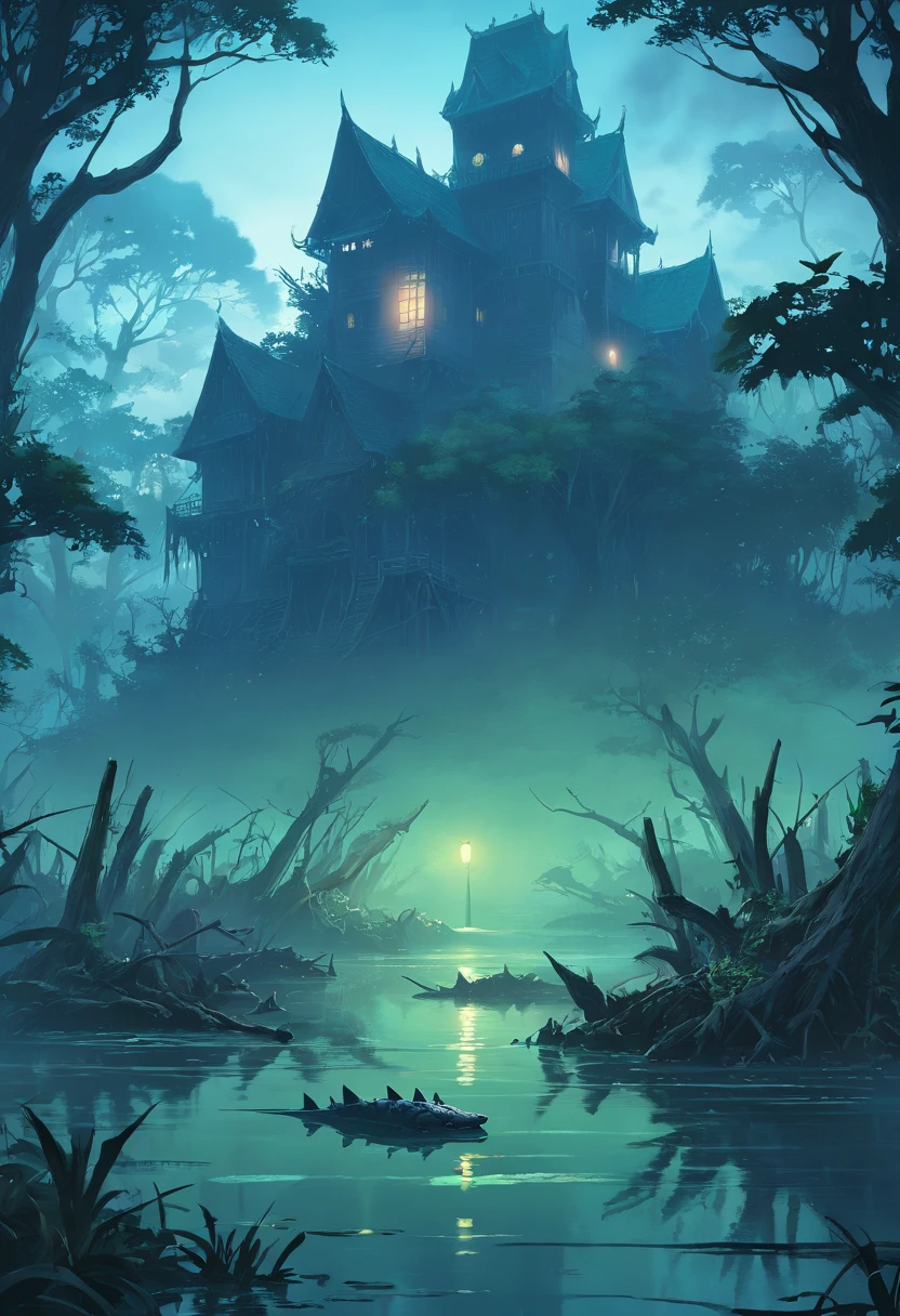 color photo of a dark and foreboding landscape, set in a medieval world of RPG adventures. The scene depicts a somber and desolate land, with twisted dead trees reaching towards a brooding sky. In the distance, a haunted house stands as a chilling reminder of the mysteries that lie within. The surrounding marshland is shrouded in mist, adding an eerie atmosphere to the scene. In the murky waters of the swamp, a lurking crocodile emerges, its eyes gleaming with a predatory gaze. The combination of the decaying trees, the haunted house, the swamp, and the presence of the crocodile creates an atmosphere of suspense and danger. It is a scene that immerses the viewer in a world of dark fantasy, where heroes must navigate treacherous landscapes and face formidable foes to unravel the secrets that haunt the land
