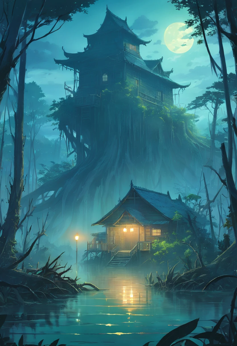 color photo of a dark and foreboding landscape, set in a medieval world of RPG adventures. The scene depicts a somber and desolate land, with twisted dead trees reaching towards a brooding sky. In the distance, a haunted house stands as a chilling reminder of the mysteries that lie within. The surrounding marshland is shrouded in mist, adding an eerie atmosphere to the scene. In the murky waters of the swamp, a lurking crocodile emerges, its eyes gleaming with a predatory gaze. The combination of the decaying trees, the haunted house, the swamp, and the presence of the crocodile creates an atmosphere of suspense and danger. It is a scene that immerses the viewer in a world of dark fantasy, where heroes must navigate treacherous landscapes and face formidable foes to unravel the secrets that haunt the land