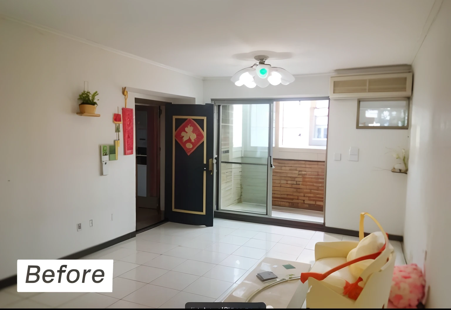 there is a room with a door and a window in it, Modern style living room