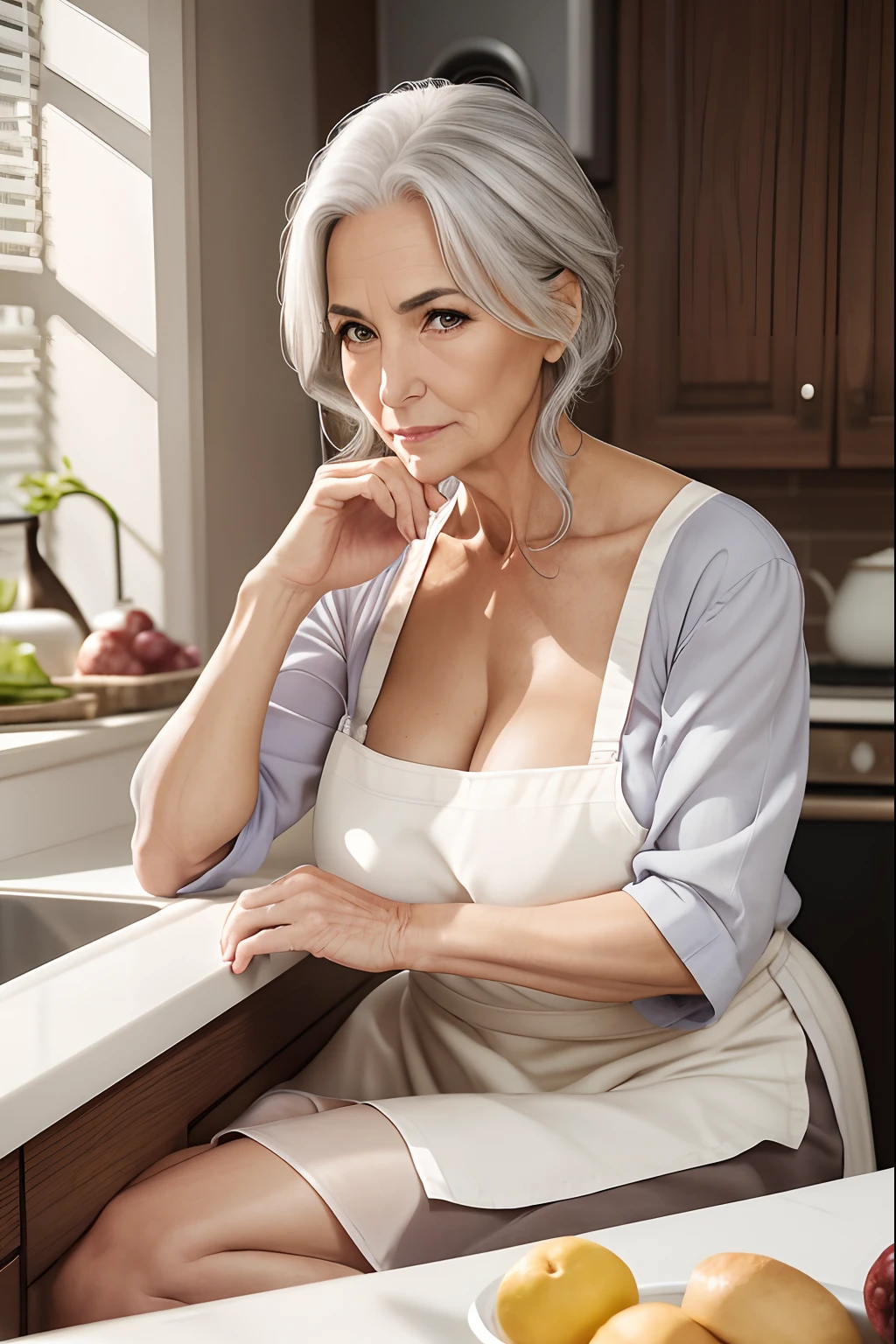 portrait of a 65-year-old woman with gray hair, seductive gaze, brown eyes, some wrinkles on her face, she is wearing a very sexy white apron that reveals a small breast, sits on the kitchen stool, 8k, detailed background, wrinkles on body, showing full body, full body, open your legs, quite small breasts are exposed