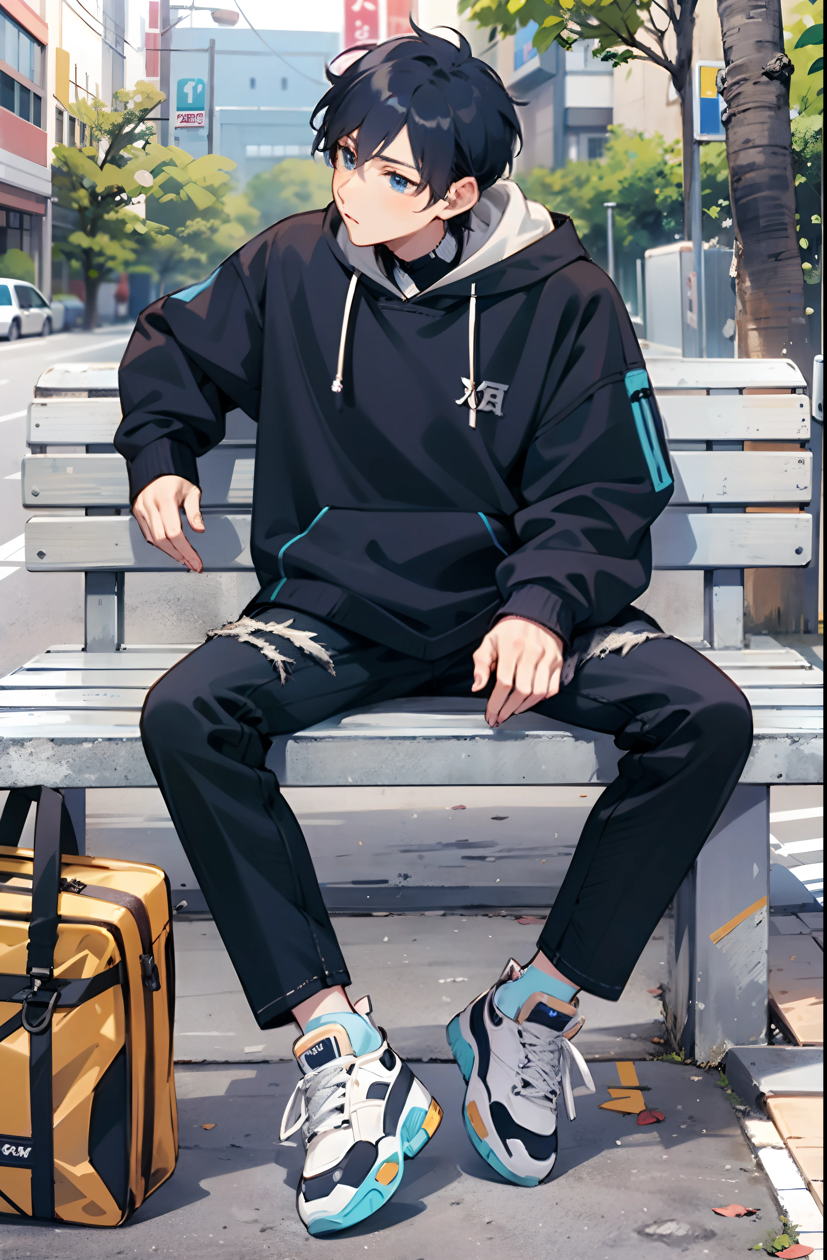 anime boy sitting on a bench with a suitcase and a suitcase, style anime, street clothes, cai xukun, street clothing, anime set style, japanese streetwear, tall anime guy with blue eyes, high detailed), casual streetwear, male anime style, high quality anime artstyle, anime boy, modern anime style, handsome anime pose, anime stile, casual clothing
