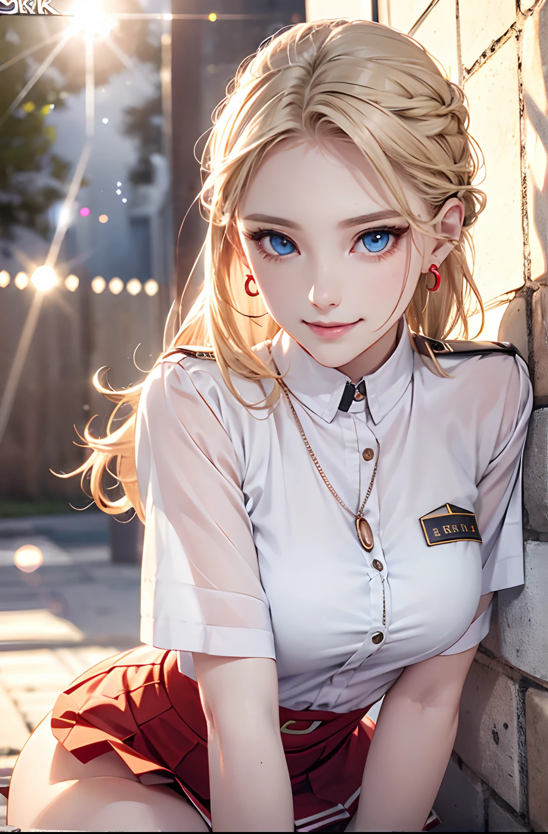 absurderes, ultra-detailliert,(8K:1.2),masuter piece,extremely beautiful detailed face and eyes, 25 years old,(Smooth straight blonde hair:1.3), (Shiny hair:1.2), Delicate beautiful face, (Deep Blue Eyes:1.3),(Jet black uniform:1.3)、(Lens Flare:1.4)、(Smirk:1.2),Forehead, Shiny hair, Delicate beautiful face, horor,a red skirt,Midnight Ruins、red necklace、red earrings、Dark scenery、Long black boots、