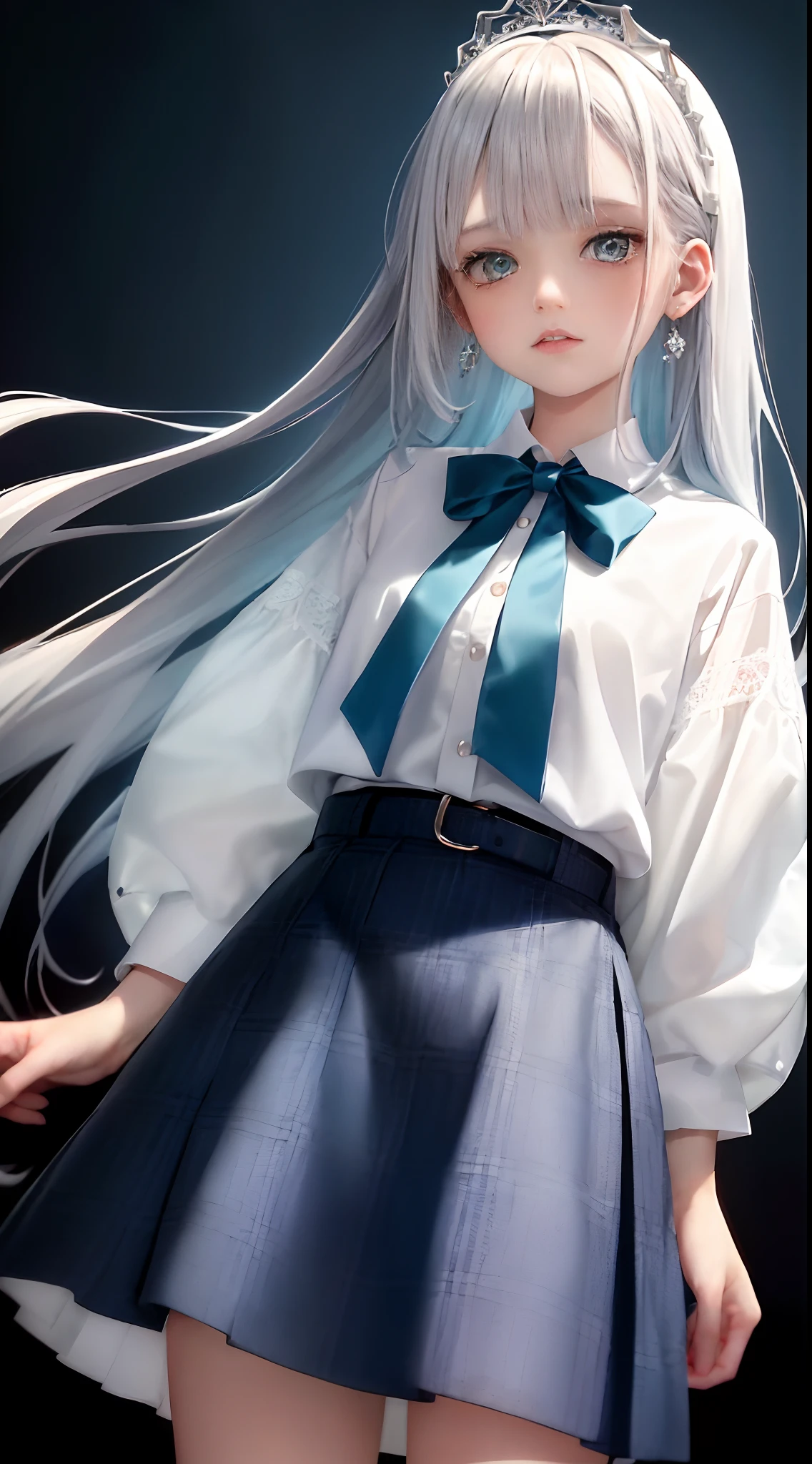 1girl in, (masutepiece:1.1), (Best Quality:1.1), (White blouse:1.1), (checkered skirt:1.1), student clothes, high waist skirt, BREAK [Blue:Pink:0.5] theme, (Gradient background :1.1), Cowboy Shots, Break Silver Hair, length hair, , verd s eyes, Intricate and detailed tiaras, sideways Facing,wind lift,(Panties:1.2)