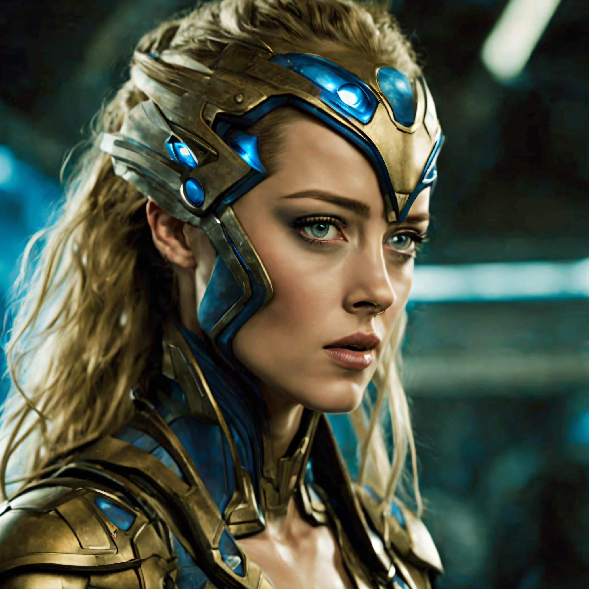 hembra alienigena extraterrestre (mezcla de amber heard de marvel comics y neytiri de avatar), ojos grandes, traje ultratecnologico, se encuentra en centro de control de estacion espacial.