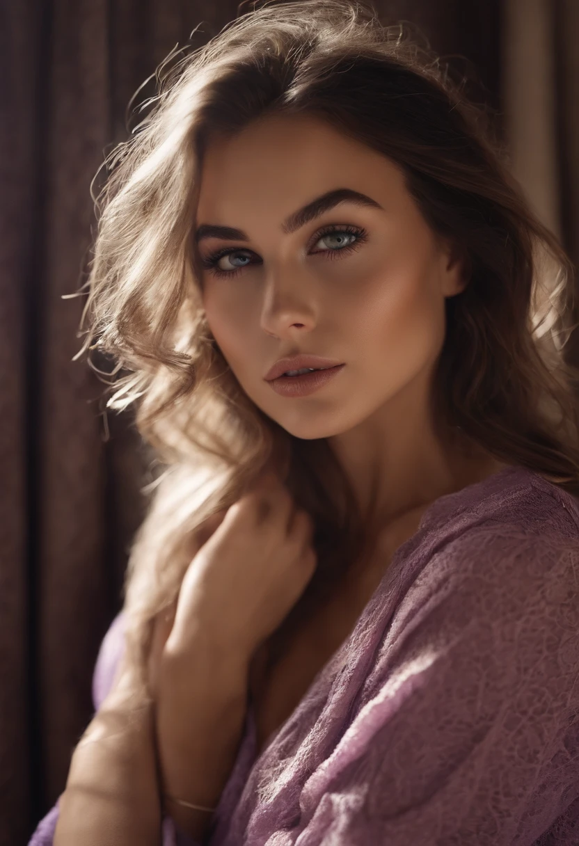 Arafed woman completely , fille sexy aux yeux bruns, ultra realist, Meticulously detailed, Portrait Sophie Mudd, cheveux bruns et grands yeux, selfie of a young woman, Yeux de chambre, Violet Myers, sans maquillage, maquillage naturel, looking straight at camera, Visage avec Artgram, Maquillage subtil, Great photo of the whole body kneeling on the bed, dans la chambre, Medium to large bust