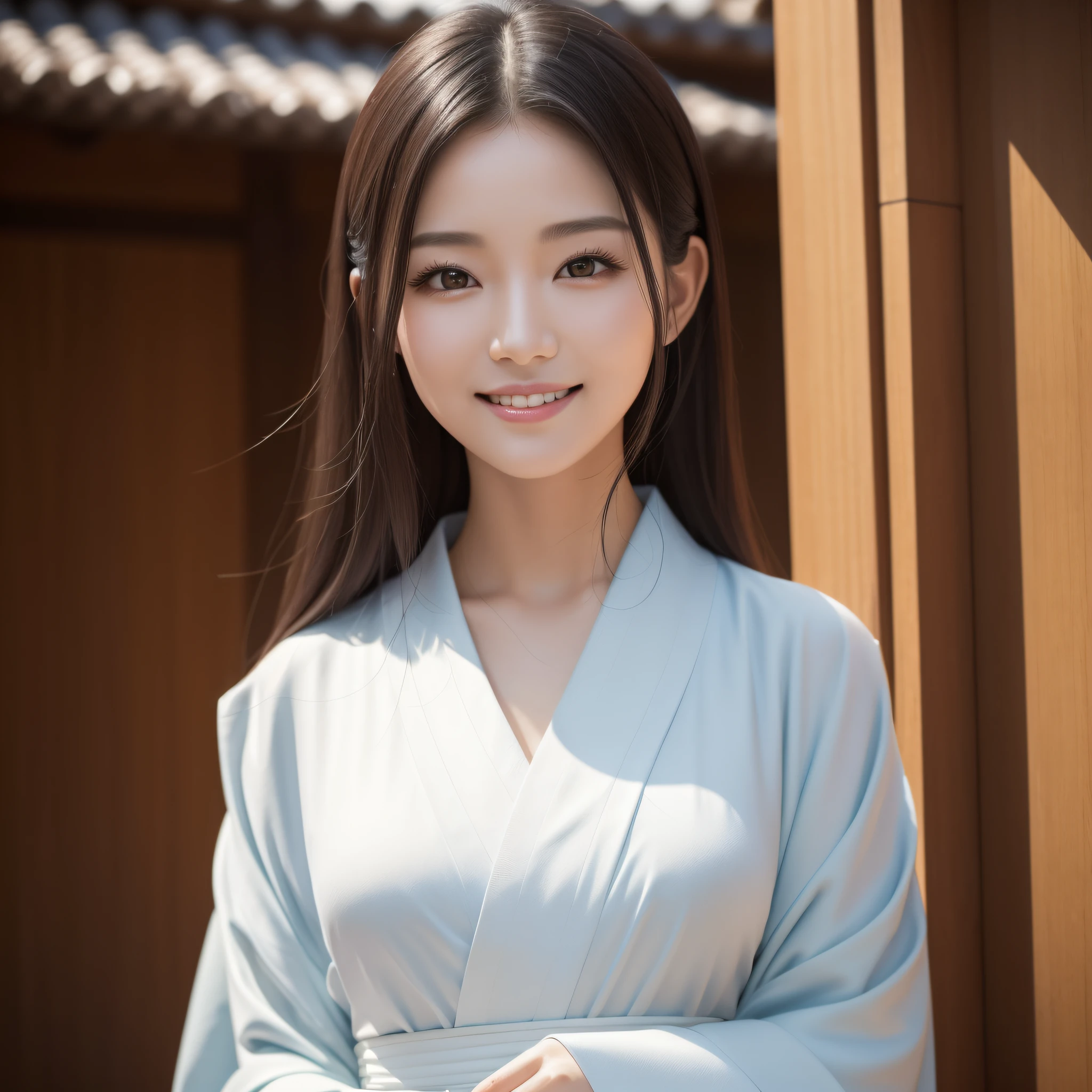 Woman in Kimono、((best qualtiy、8k masterpieces:1.3))、foco nítido:1.2、(ultra beautiful faces:1.0)、(shinny skin:1.0)、photos realistic、A dark-haired、Video Lighting、High-definition eyes and face、Video Lighting、Korean idol actress、from the front side、medium breasts、Smile、Slender Abs Beauty、Whole body、wearing kimonos、At the shrine in the early morning