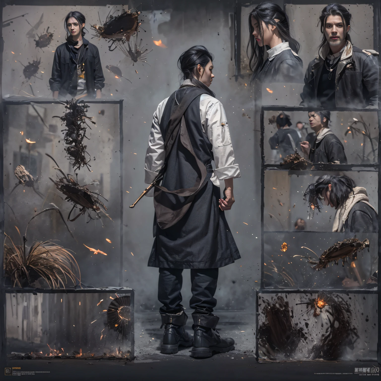 Full body male chef 32K(tmasterpiece,k hd,hyper HD,32K)Long flowing black hair,Camping ruins area,zydink, a color, patriot (废墟), (Linen batik scarf), Angry fighting stance, looking at the ground, Linen bandana, Chinese python pattern long-sleeved garment, (Abstract gouache splash:1.2), Dark clouds lightning background,Flour flies(realisticlying:1.4),Black color hair,Flour fluttering,Background fog, A high resolution, the detail, RAW photogr, Sharp Re, Nikon D850 Film Stock Photo by Jefferies Lee 4 Kodak Portra 400 Camera F1.6 shots, Rich colors, ultra-realistic vivid textures, Dramatic lighting, Unreal Engine Art Station Trend, cinestir 800,Flowing black hair,(((Male chef))),irate,