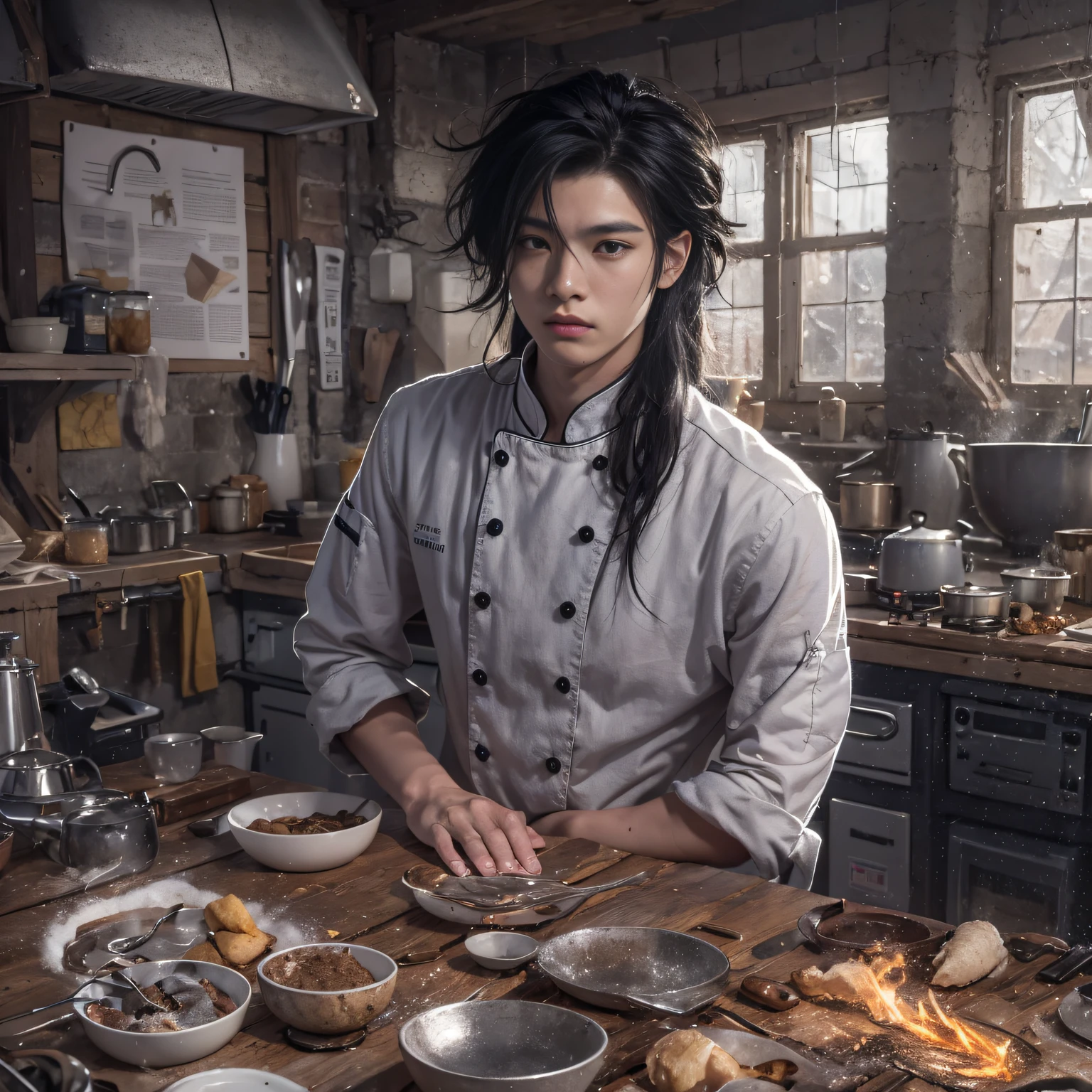 Full body male chef 32K(tmasterpiece,k hd,hyper HD,32K)Long flowing black hair,Camping ruins area,zydink, a color, patriot (废墟), (Linen batik scarf), Angry fighting stance, looking at the ground, Linen bandana, Chinese python pattern long-sleeved garment, (Abstract gouache splash:1.2), Dark clouds lightning background,Flour flies(realisticlying:1.4),Black color hair,Flour fluttering,Background fog, A high resolution, the detail, RAW photogr, Sharp Re, Nikon D850 Film Stock Photo by Jefferies Lee 4 Kodak Portra 400 Camera F1.6 shots, Rich colors, ultra-realistic vivid textures, Dramatic lighting, Unreal Engine Art Station Trend, cinestir 800,Flowing black hair,(((Male chef))),irate,