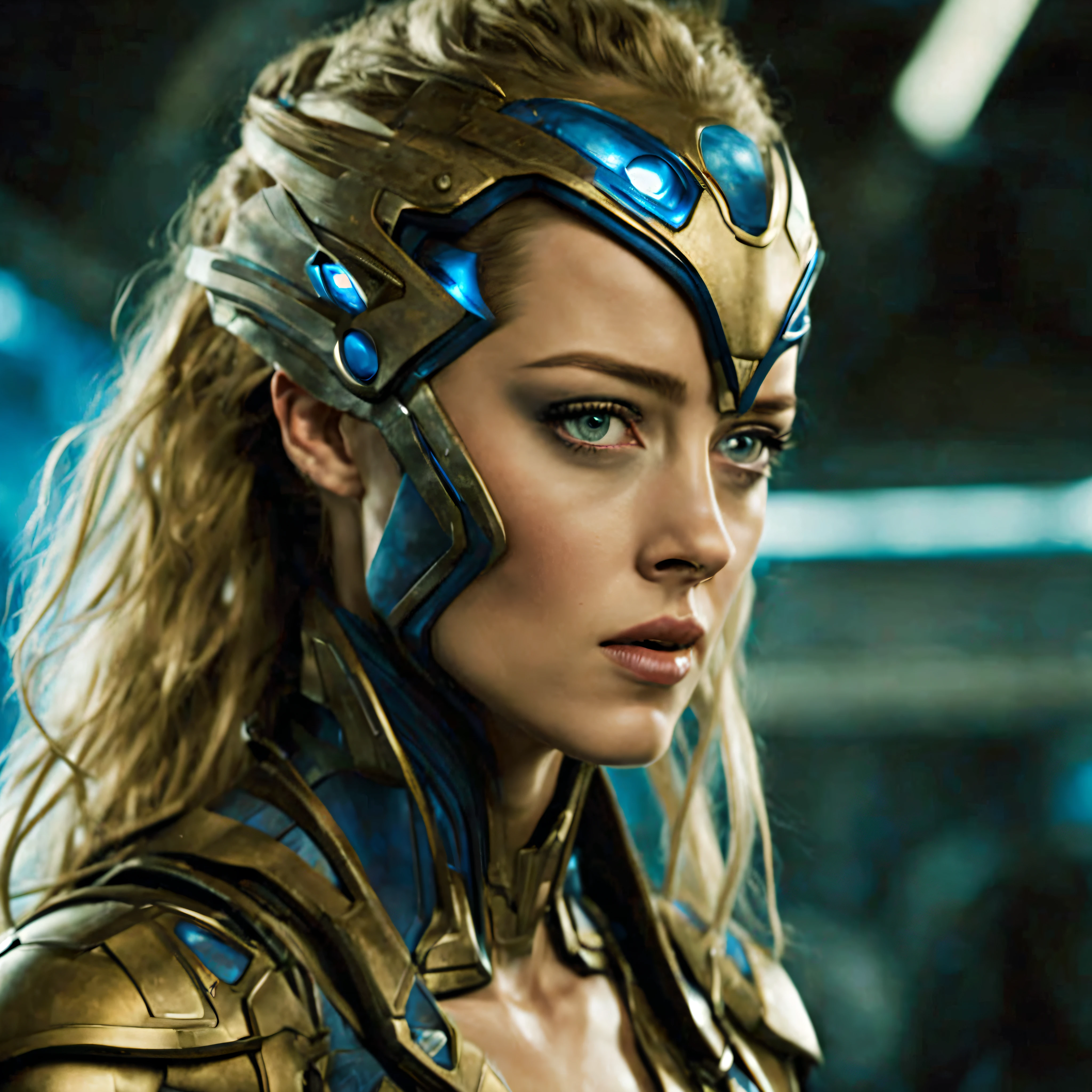 hembra alienigena extraterrestre (mezcla de amber heard de marvel comics y neytiri de avatar), ojos grandes, traje ultratecnologico, se encuentra en centro de control de estacion espacial.