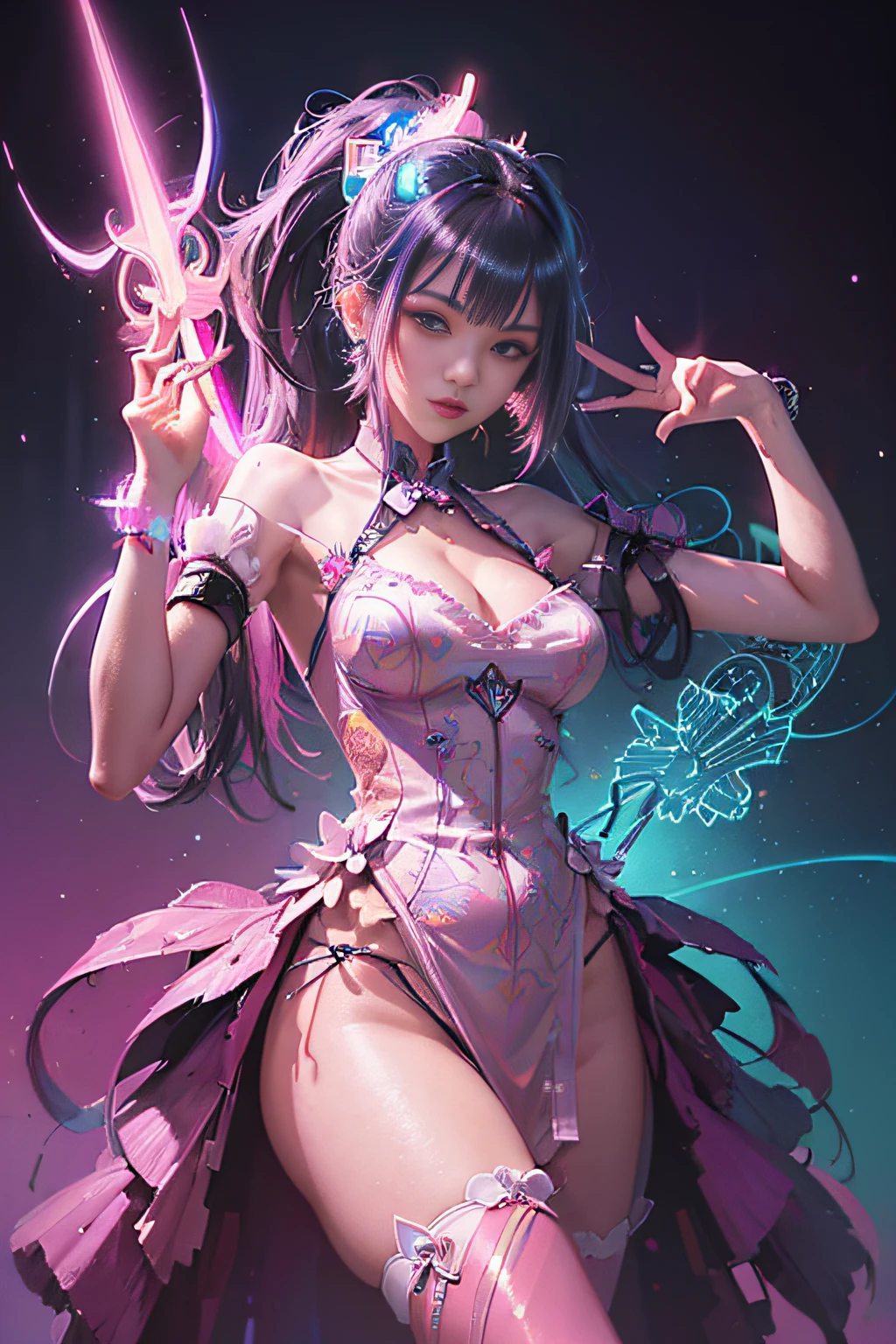 (masutepiece, of the highest quality, Best Quality, offcial art, Beautiful and aesthetic:1.2), (1girll:1.3), Extremely detailed,(Fractal Art:1.2),Colorful,highest details,( Zen Neon:1.2), (Dynamic Pose), (Abstract background neon lights:1.5), (Trident Dresses:1.2), (Shiny skin), (Many colors:1.4), Upper body ,Neon light,16 K,Full-HD