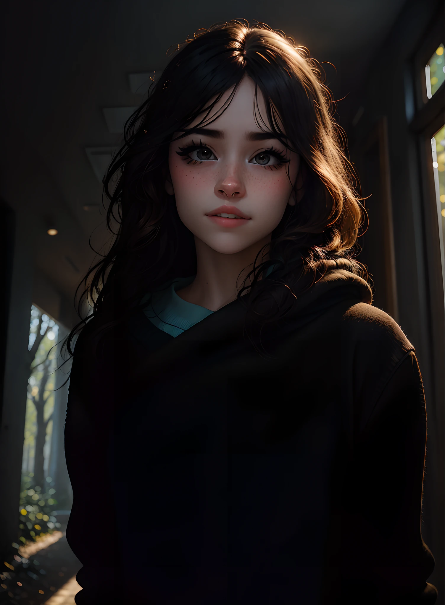 wearing (sweater), portrait, beautiful face, pretty eyes, outside, portrait, park, trees, teeth, eyes open,  ward winning photo, best quality, upper body, Hannahowo, windblown black hair, by lee jeffries nikon d850 film stock photograph 4 kodak 400 camera f1.6 lens rich colors hyper realistic lifelike texture natural lighting unreal engine trending on artstation cinestill 800, (100mm lens)